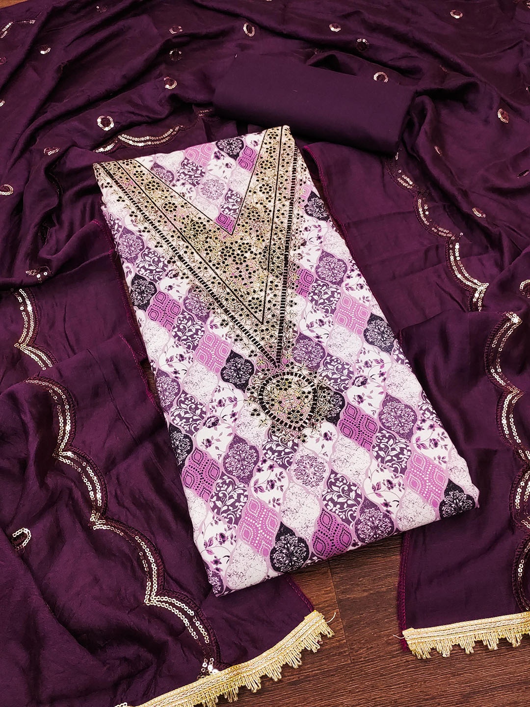 

SHADOW & SAINING Floral Printed Sequinned Unstitched Dress Material, Purple