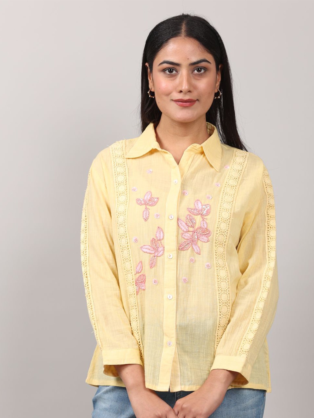 

Oskos Embroidered Cotton Top, Yellow