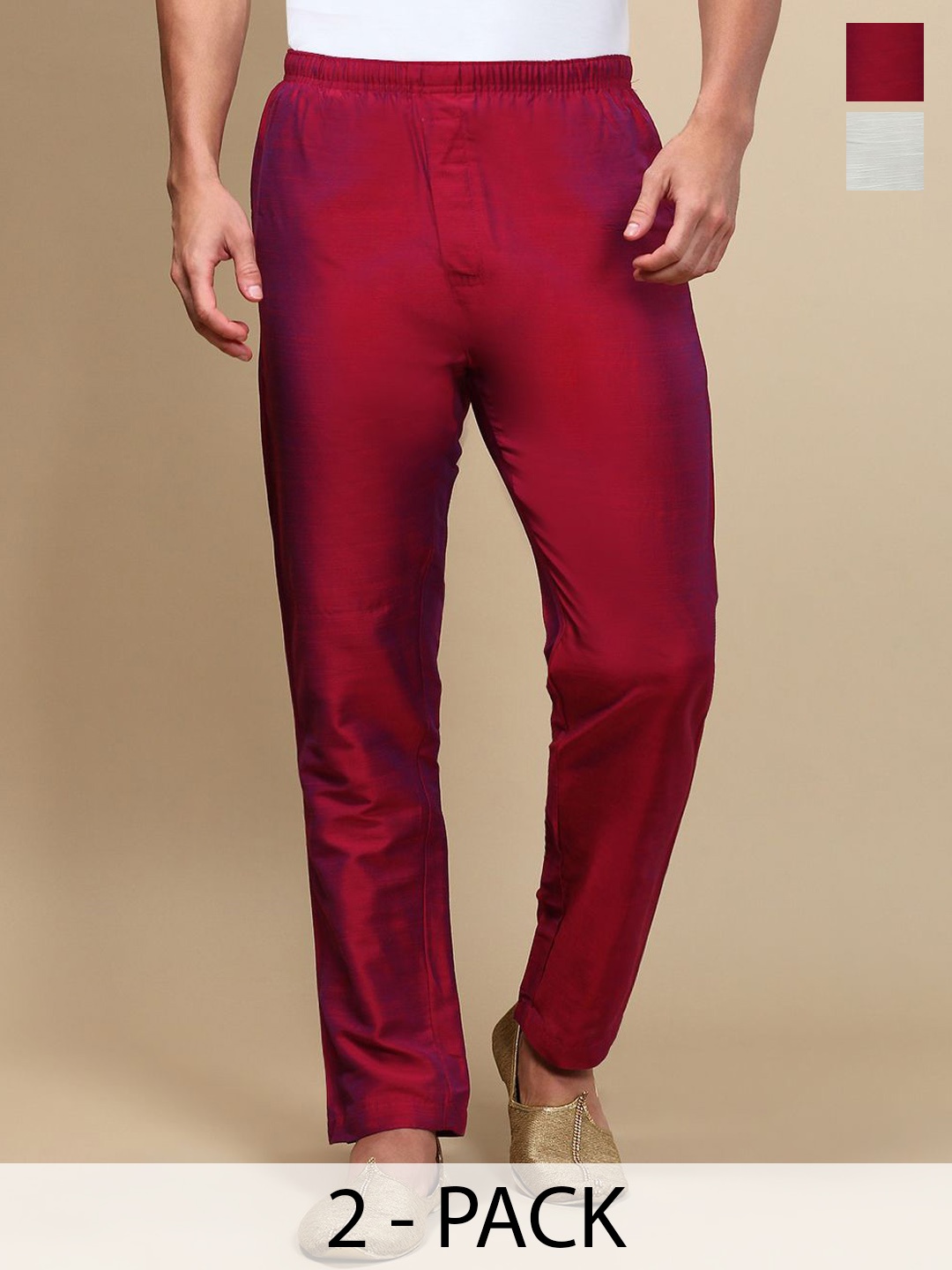 

WHITE HEART Men Pack Of 2 Relaxed Fit Mid-Rise Pyjamas, Burgundy