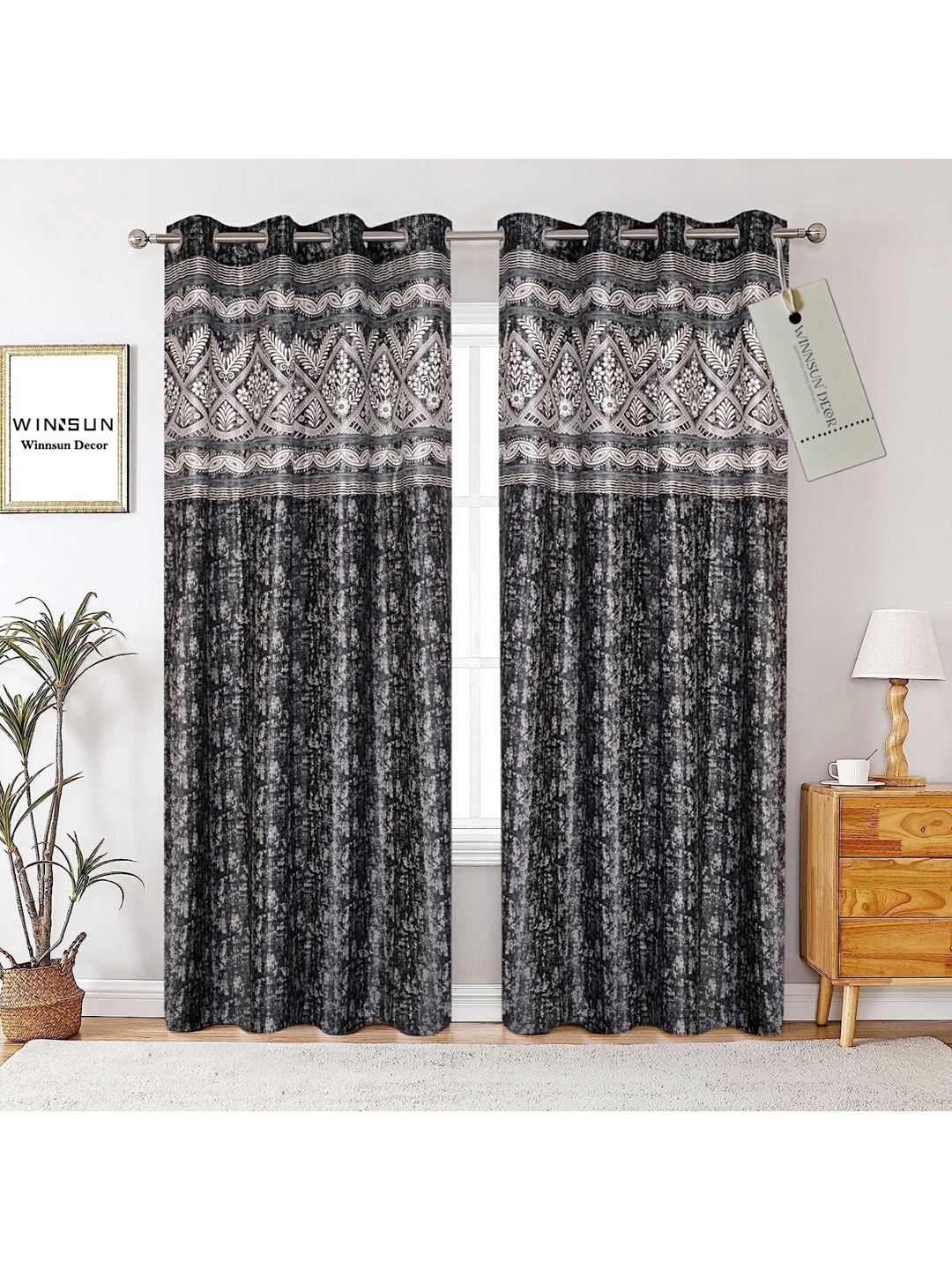 

Winnsun Grey & White 2 Pieces Floral Printed Room Darkening Door Curtains