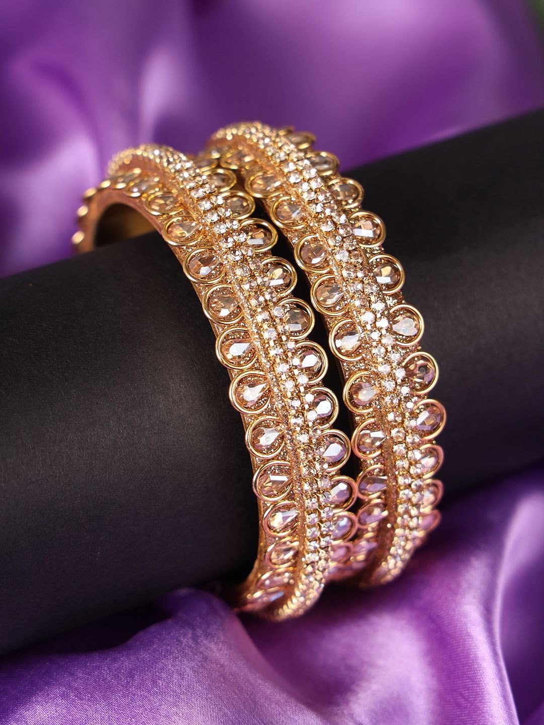 

ZULKA Set of 2 Kundan & Cubic Zircon Stones-Studded Bangles, Gold