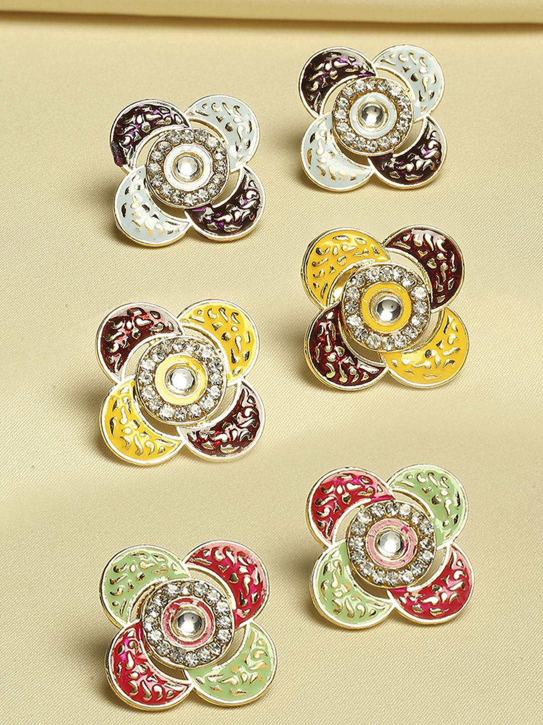 

Anouk Set Of 3 Artificial Stones Studded and Beaded Meenakari Floral Shaped Studs, Brown