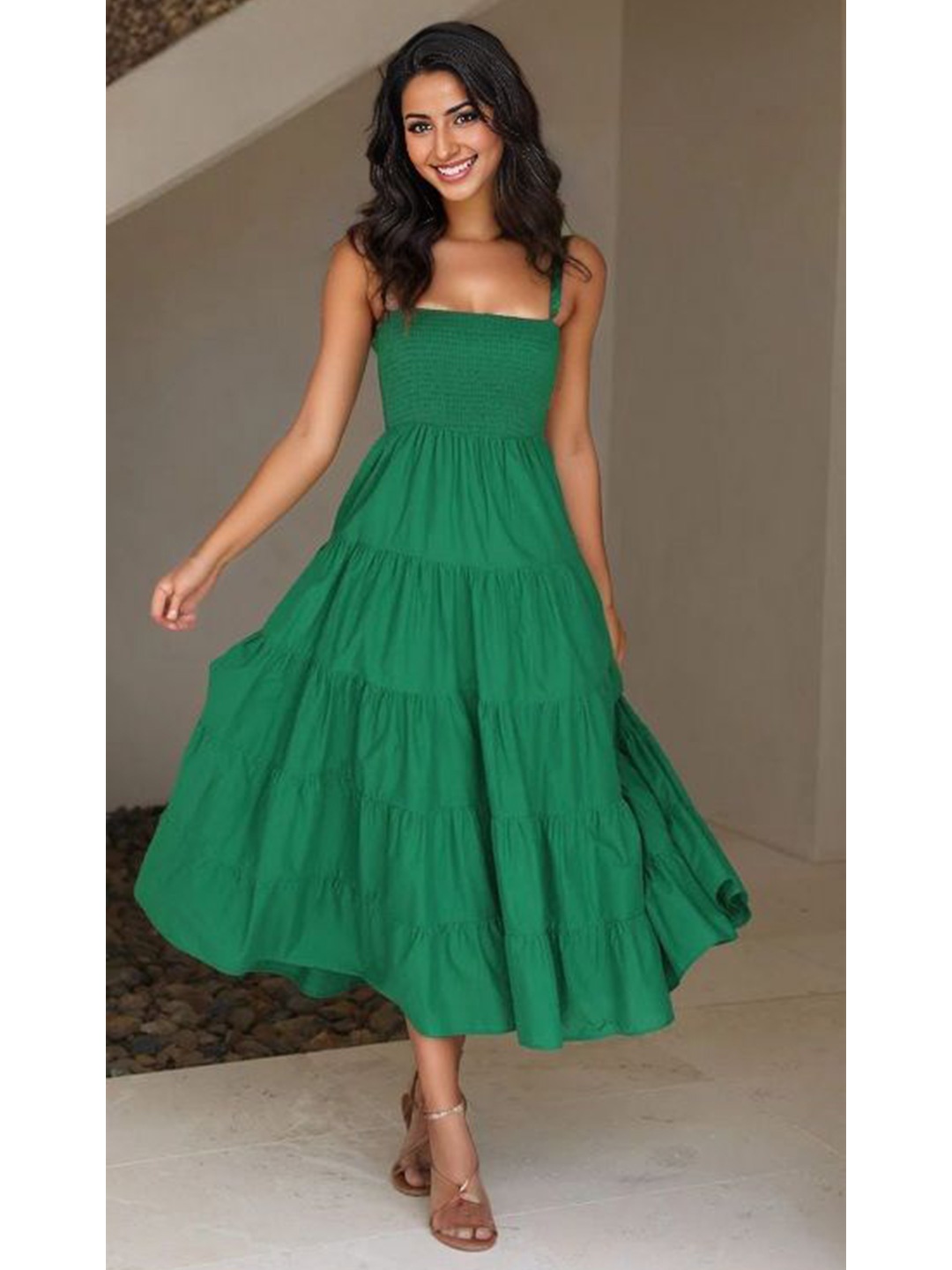 

FIESTA RESORTWEAR Women Shoulder Straps Fit and Flare Midi Dress, Green