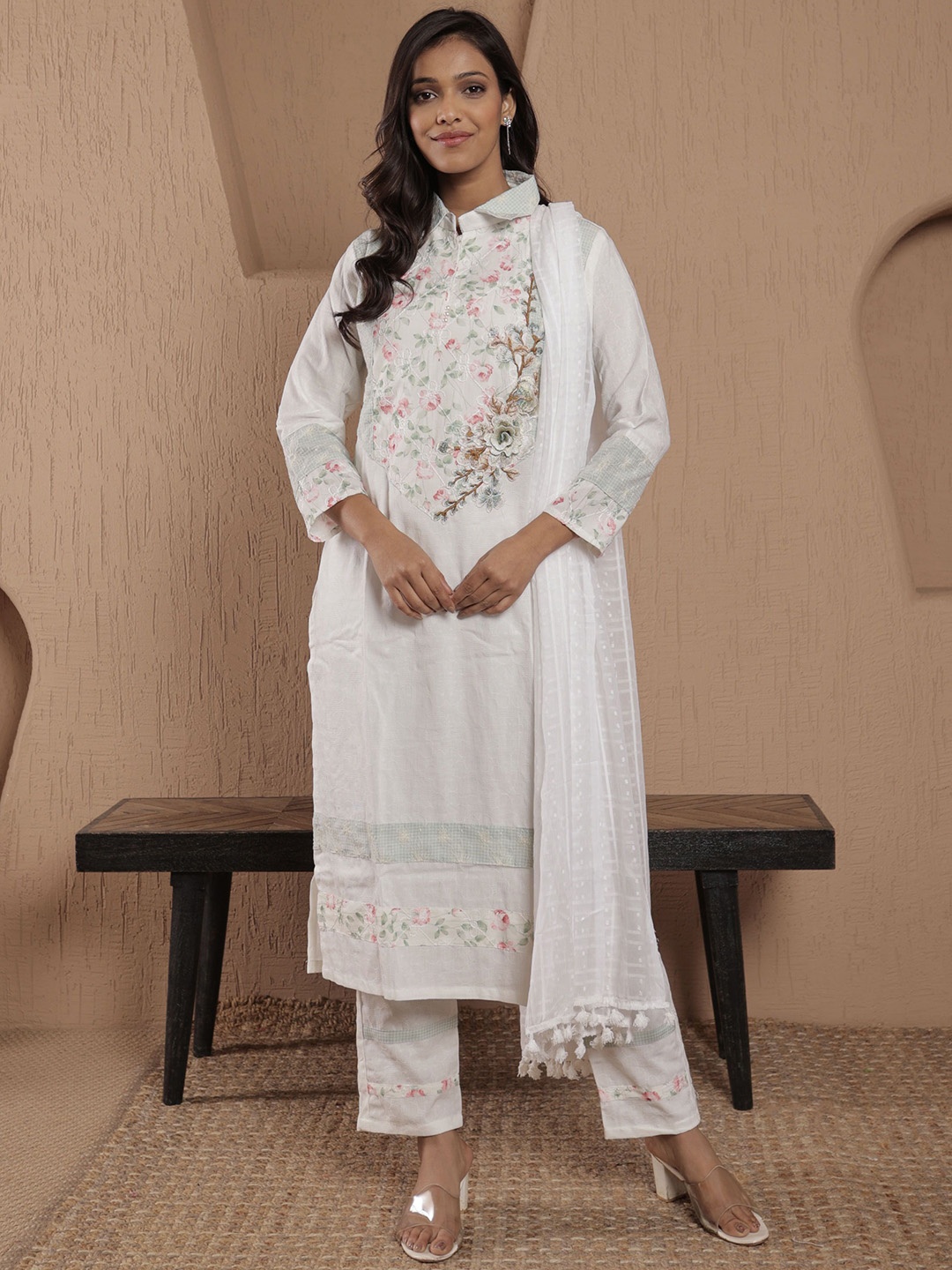 

SRIHA Floral Embroidered Straight Shirt Collar Pure Cotton Kurta With Trousers And Dupatta, White