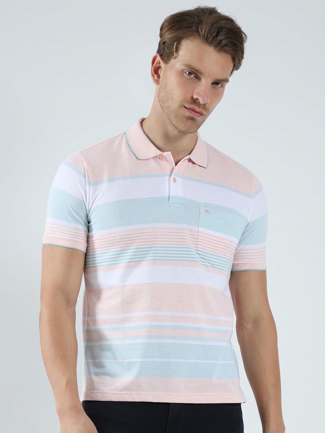 

Monte Carlo Men Striped Polo Collar Pockets T-shirt, Peach