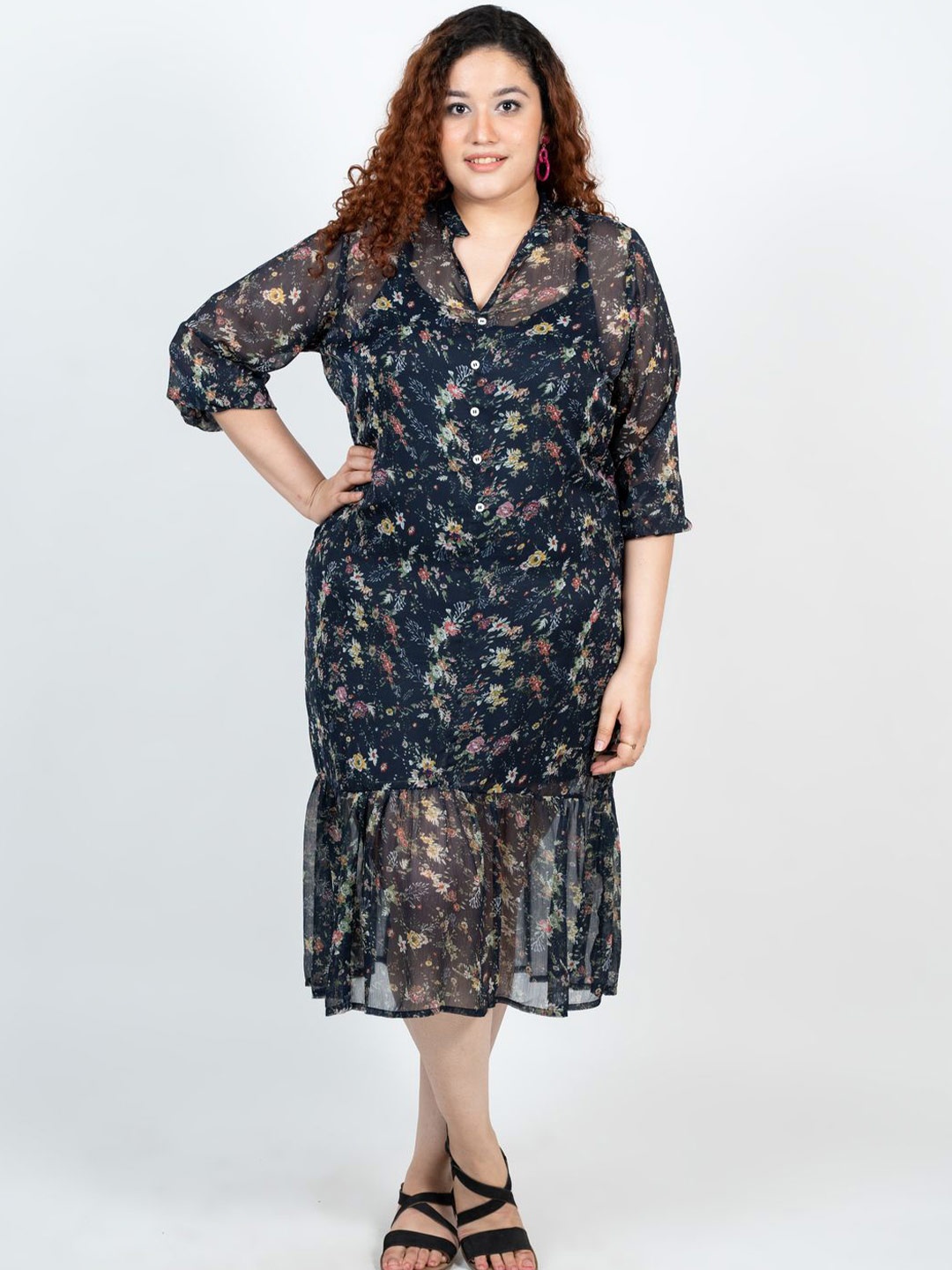 

XOXO Cherry Women Floral Printed Shirt Midi Plus Size Dress, Black