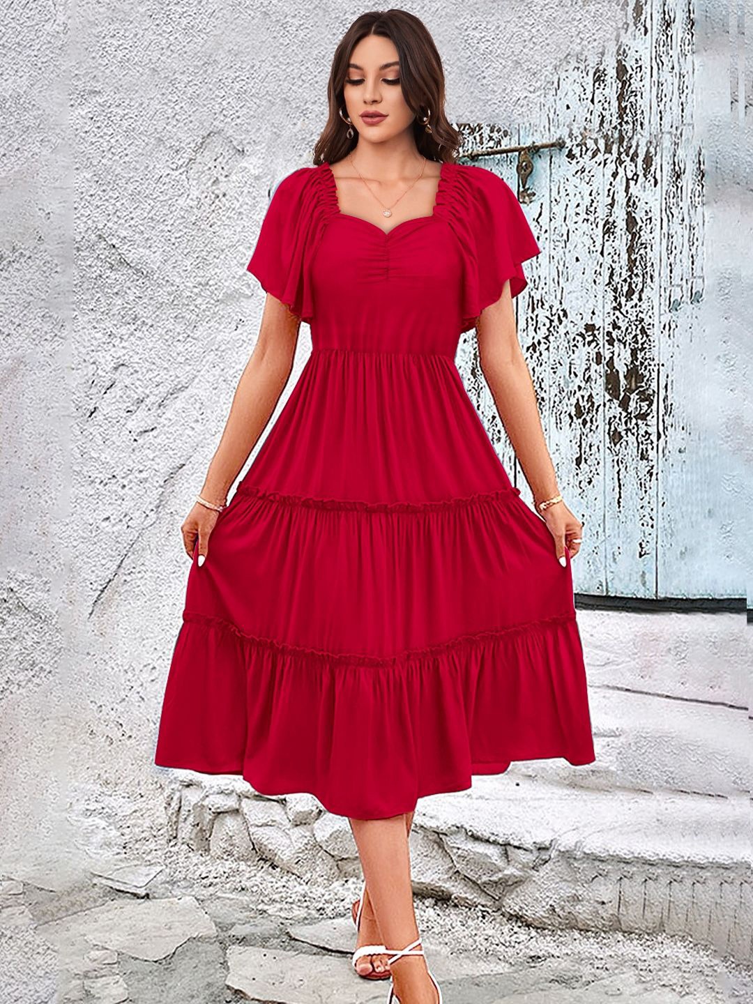 

TOOCHKI Women Sweetheart Neck Flutter Sleeves Midi Fit & Flare Dress, Red