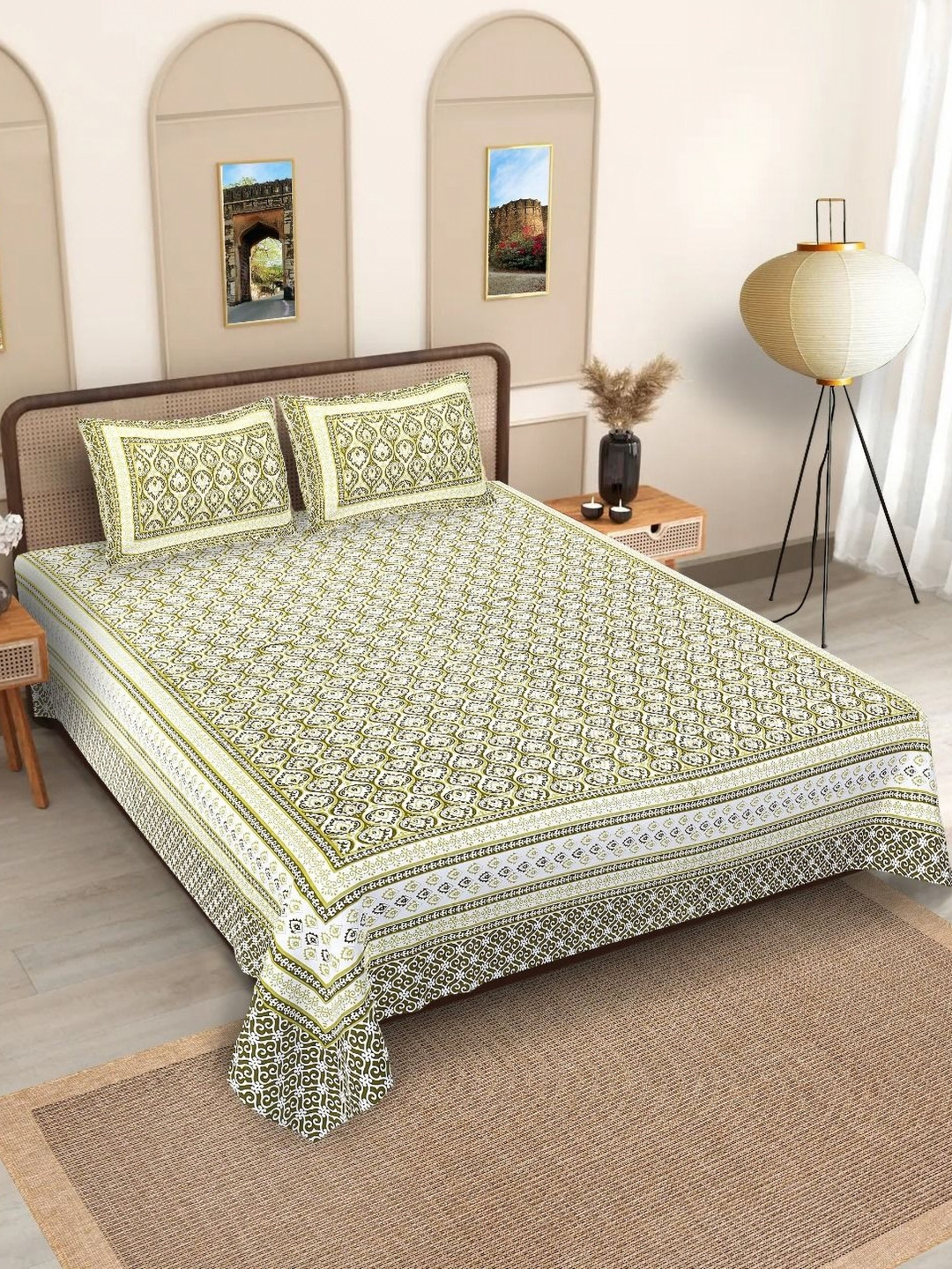 

Texstylers Green & White Printed Cotton 120 TC King Bedsheet Set - 2.74 m x 2.74 m