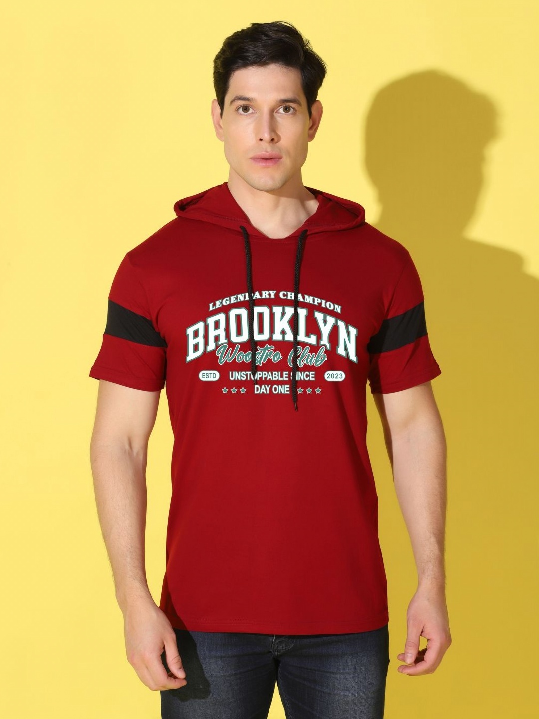 

WOOSTRO Men Typography Printed Hooded Slim Fit T-shirt, Maroon