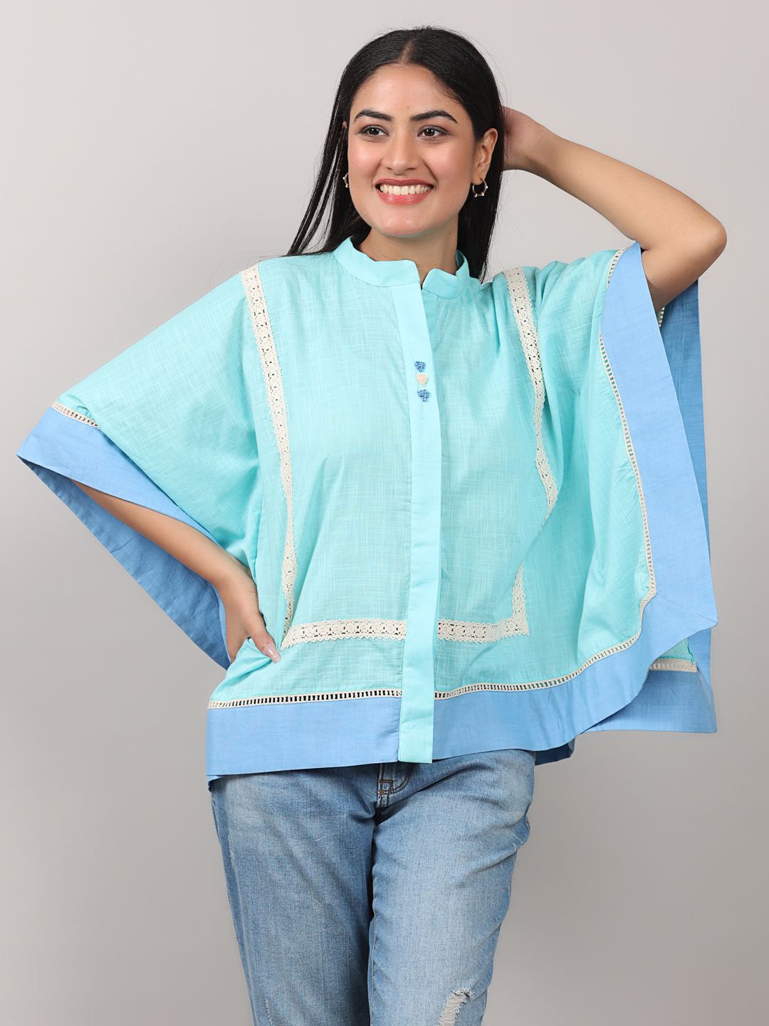 

Oskos Ombre Embroidered Mandarin Collar Kimono Sleeve Cotton Boxy Top, Blue
