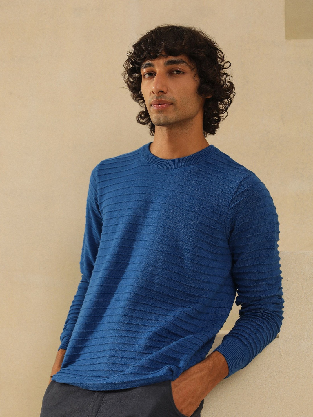 

PRIMAL GRAY Men Ribbed Cotton Pullover Sweater, Blue