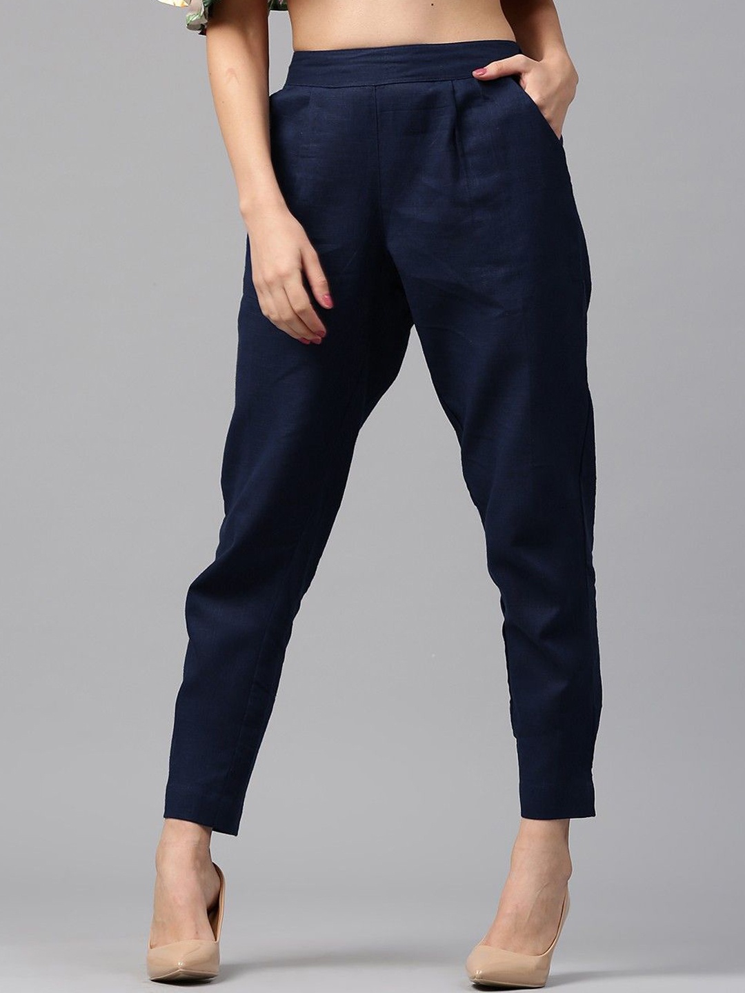 

CORSICA Women Pure Cotton Relaxed High-Rise Pleated Trousers, Navy blue