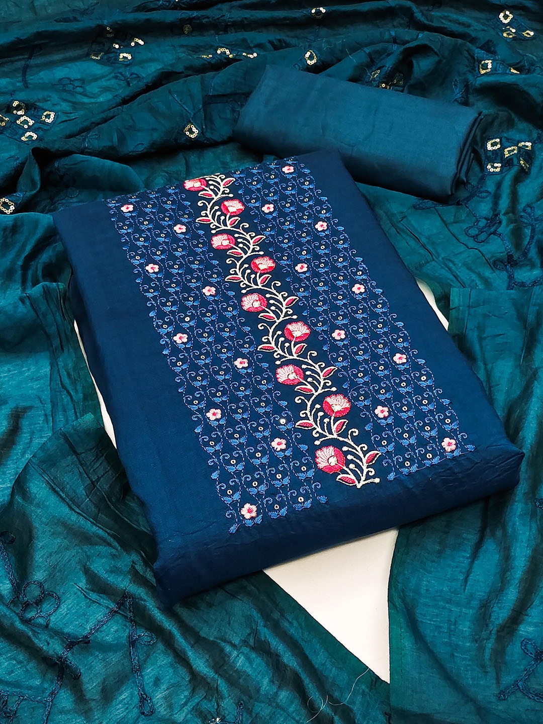 

SHADOW & SAINING Floral Embroidered Sequinned Unstitched Dress Material, Blue