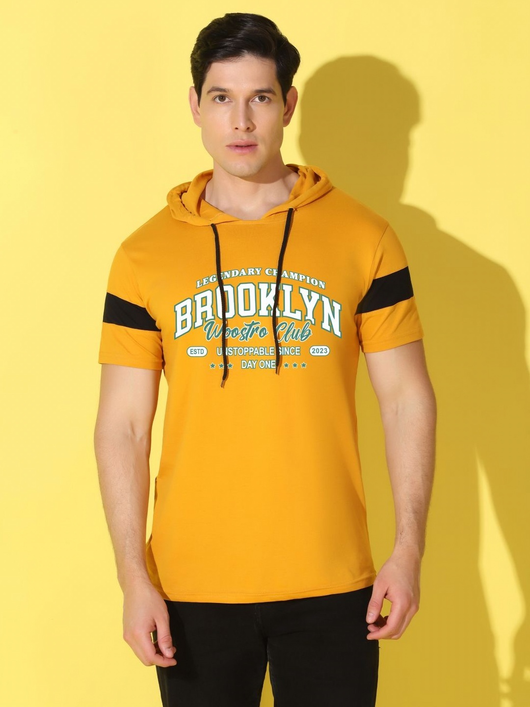 

WOOSTRO Men Typography Printed Hooded Slim Fit T-shirt, Mustard