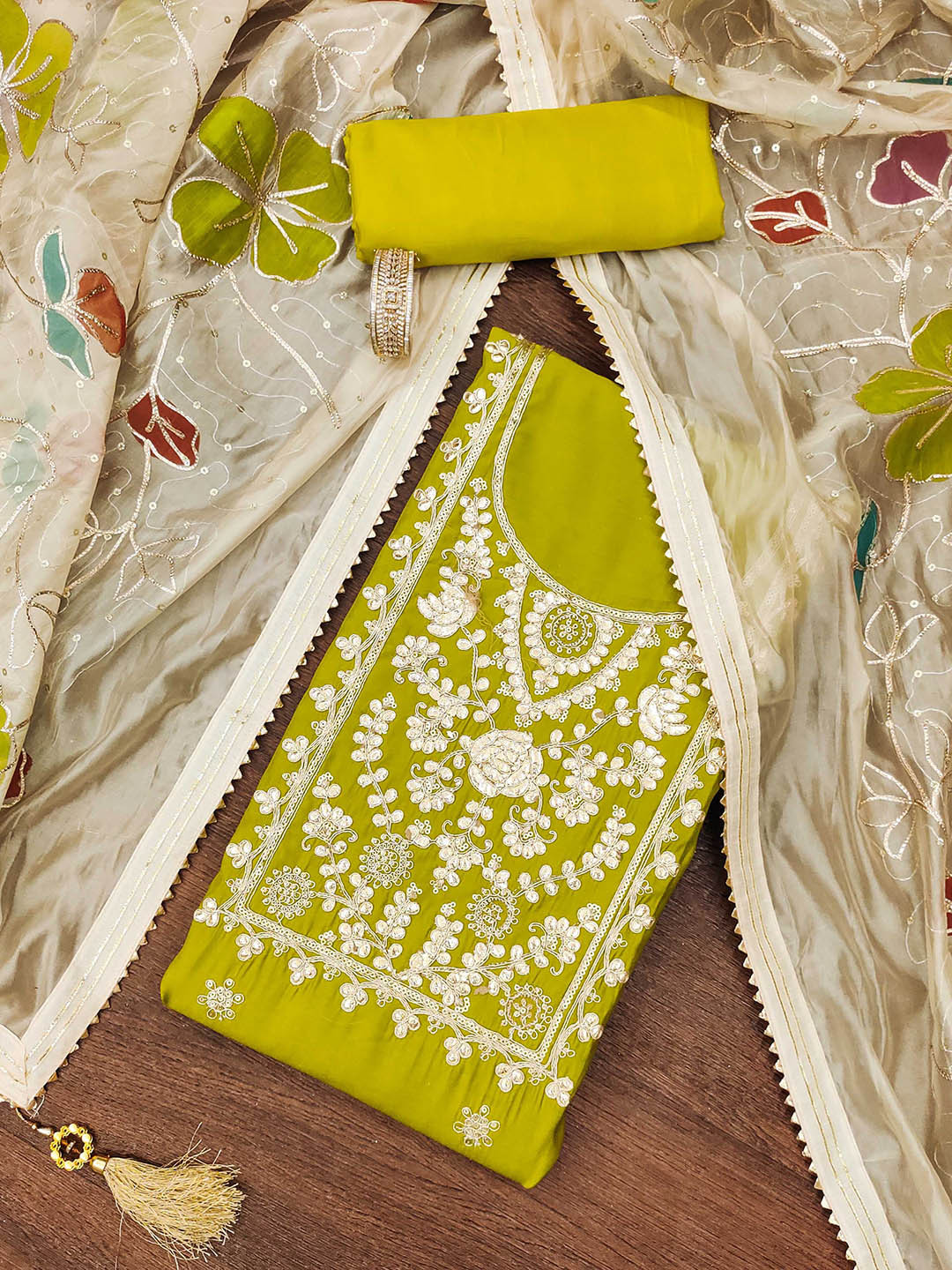 

SHADOW & SAINING Embroidered Gotta Patti Work Pure Silk Semi-Stitched Dress Material, Lime green