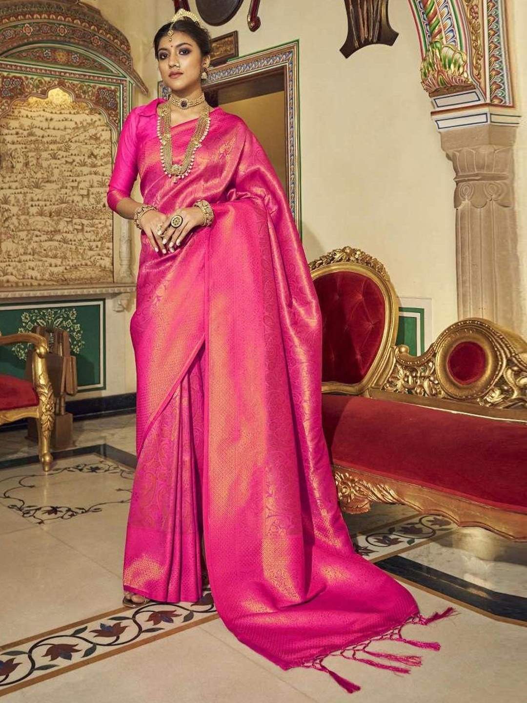 

MAHALASA Woven Design Zari Pure Silk Kanjeevaram Saree, Pink