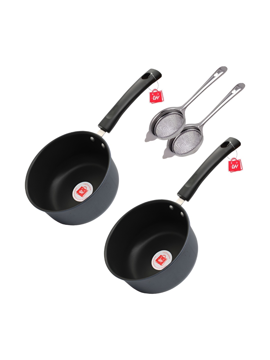 

LAZYwindow Grey & Black 4 Pieces Nonstick Sauce Pan 1.5L With Tea Strainer