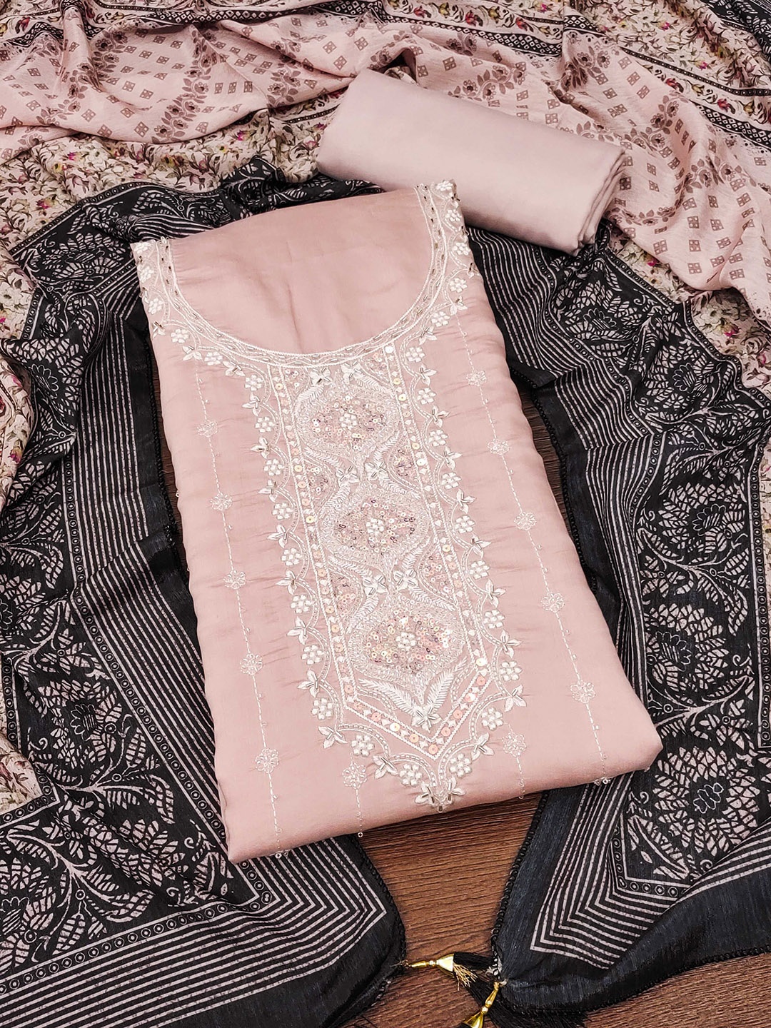

SHADOW & SAINING Floral Embroidered Sequinned Roman Silk Unstitched Dress Material, Peach