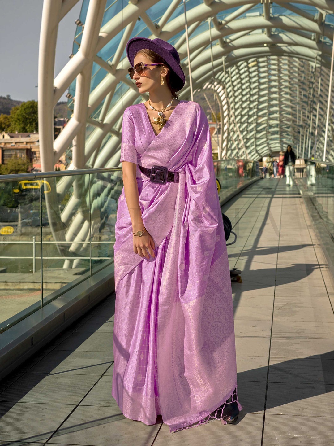 

Vardha Paisley Printed Zari Banarasi Saree, Purple