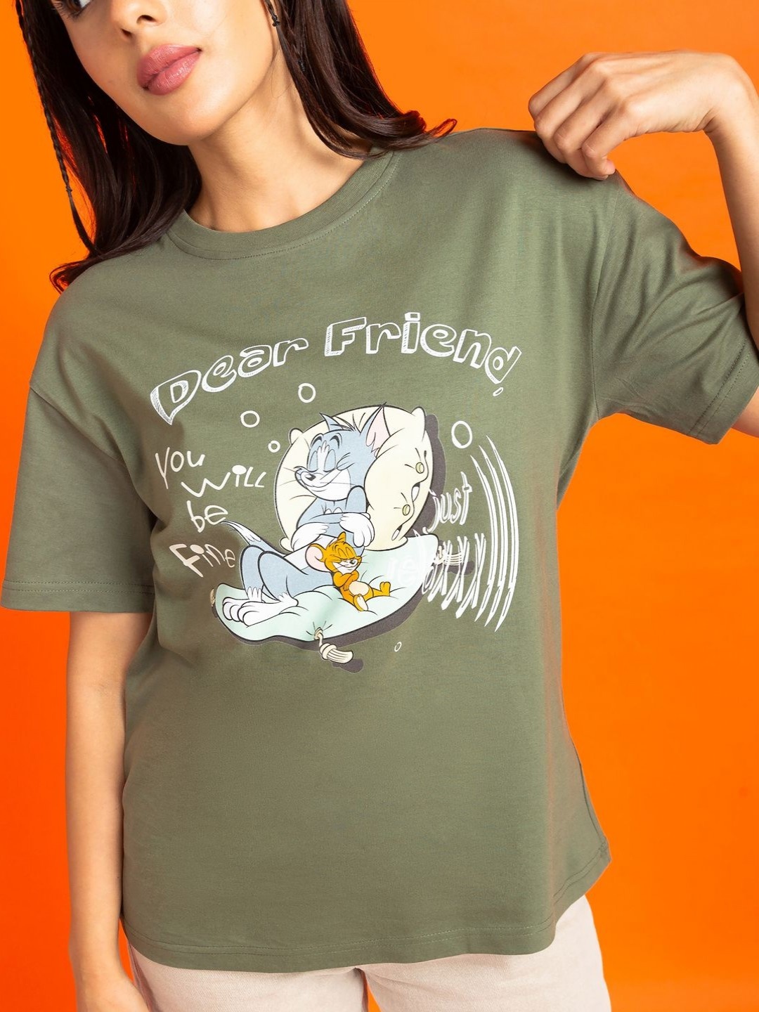 

Kook N Keech Toons Women Printed Raw Edge T-shirt, Olive