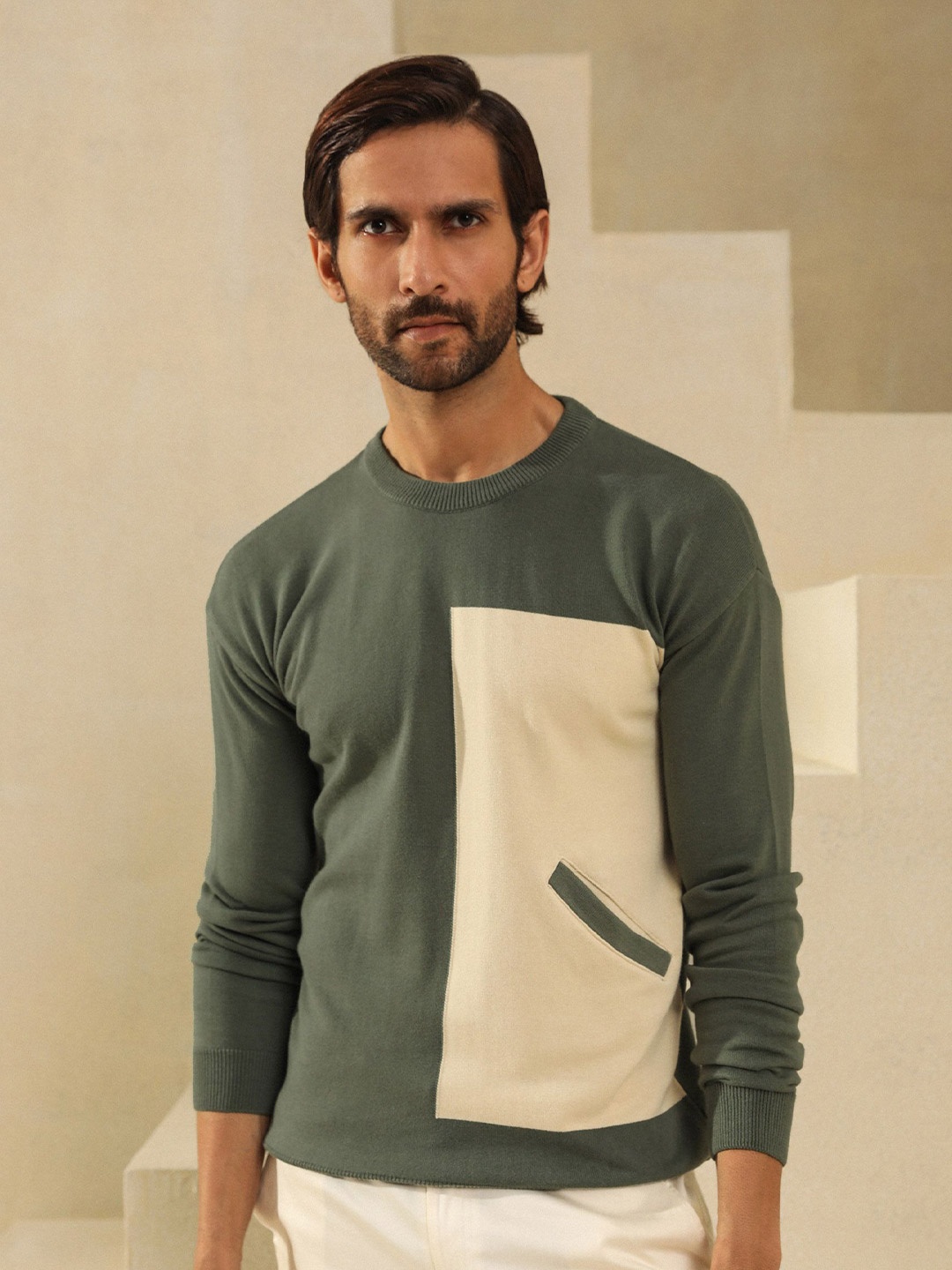 

PRIMAL GRAY Men Cable Knit Printed Pullover, Green