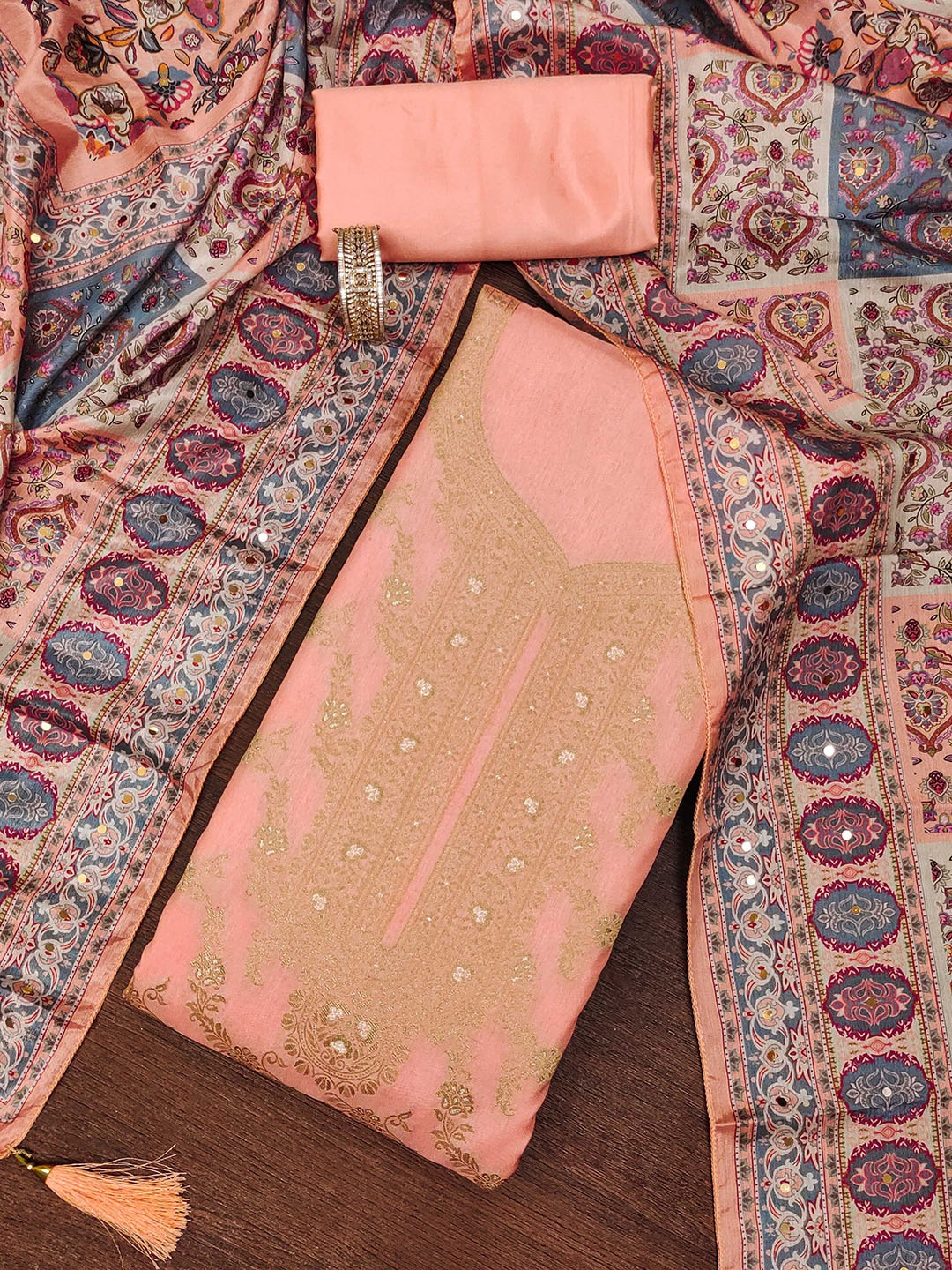 

SHADOW & SAINING Floral Woven Design Zari Banarasi Jacquard Semi-Stitched Dress Material, Peach