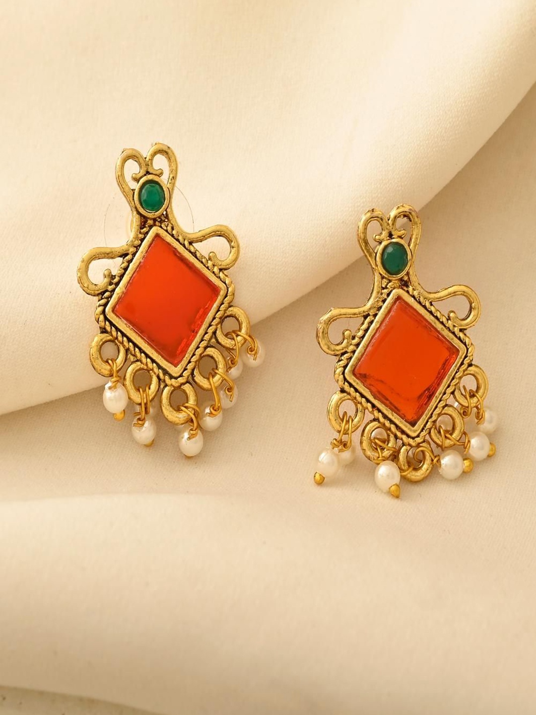 

STYYO Silver-Plated Artificial Stones and Beads Square Shaped Studs Earrings, Gold