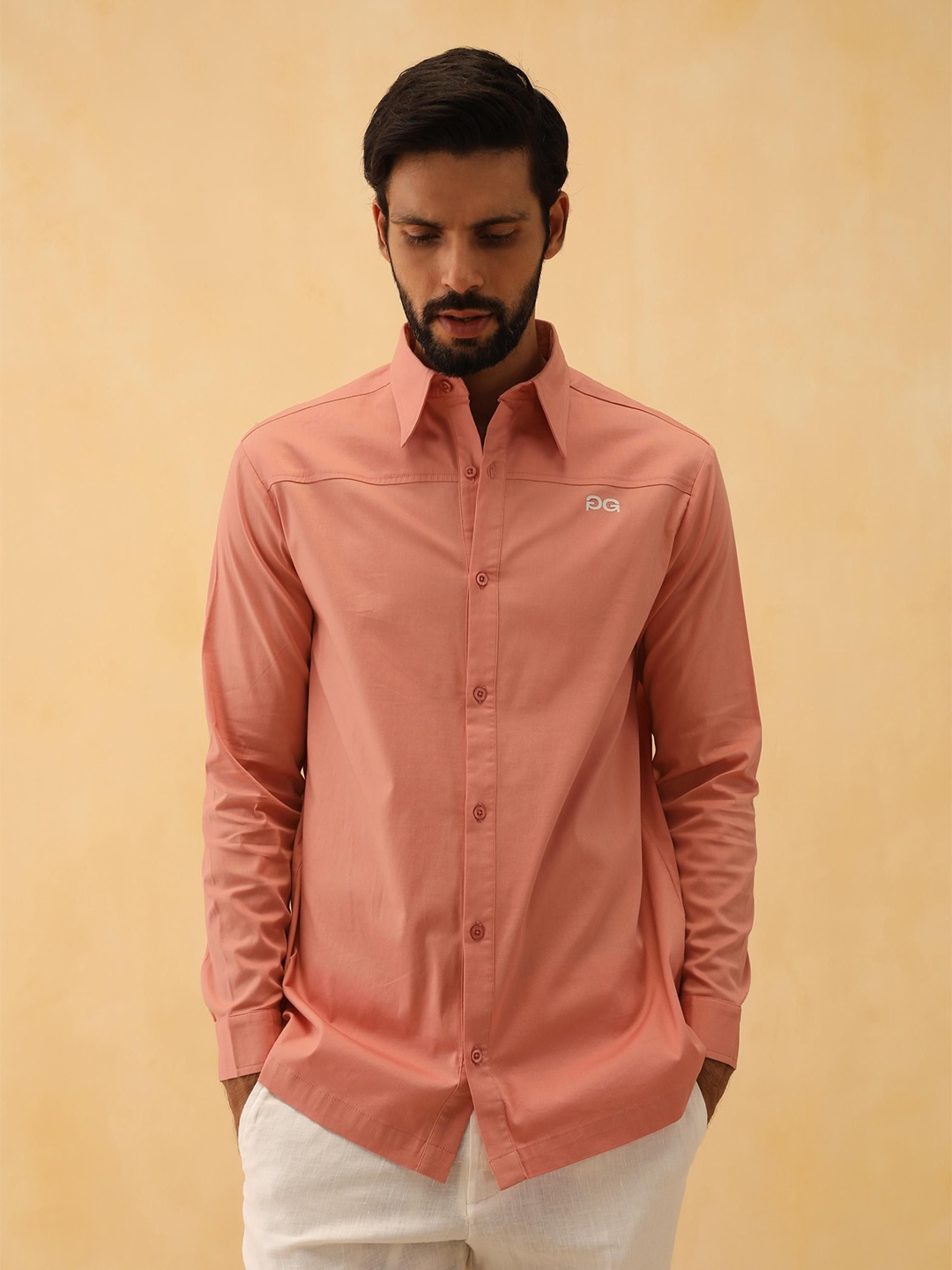 

PRIMAL GRAY Men Oversized Fit Spread Collar Solid Cotton Casual Shirt, Coral