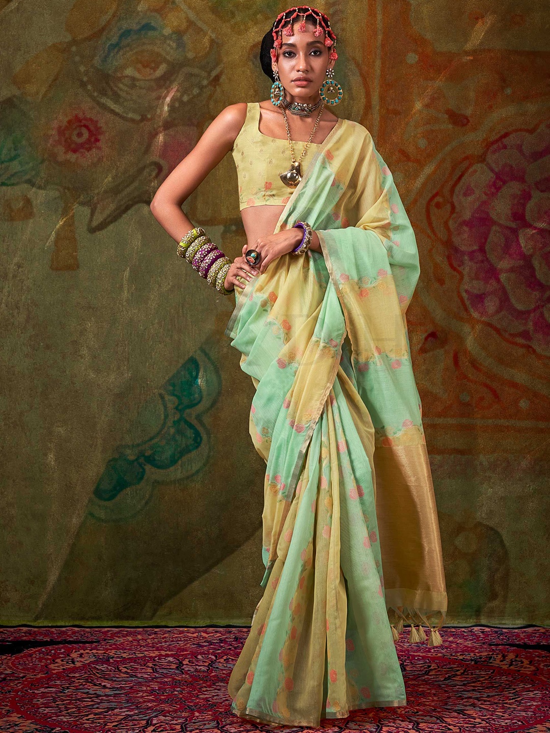 

Vardha Floral Print Zari Saree, Yellow