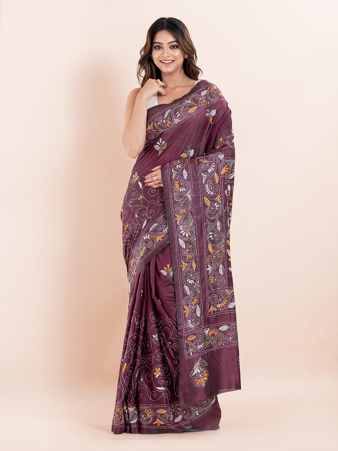 

PUKU Ethnic Motifs Kantha Work Heavy Work Saree, Purple