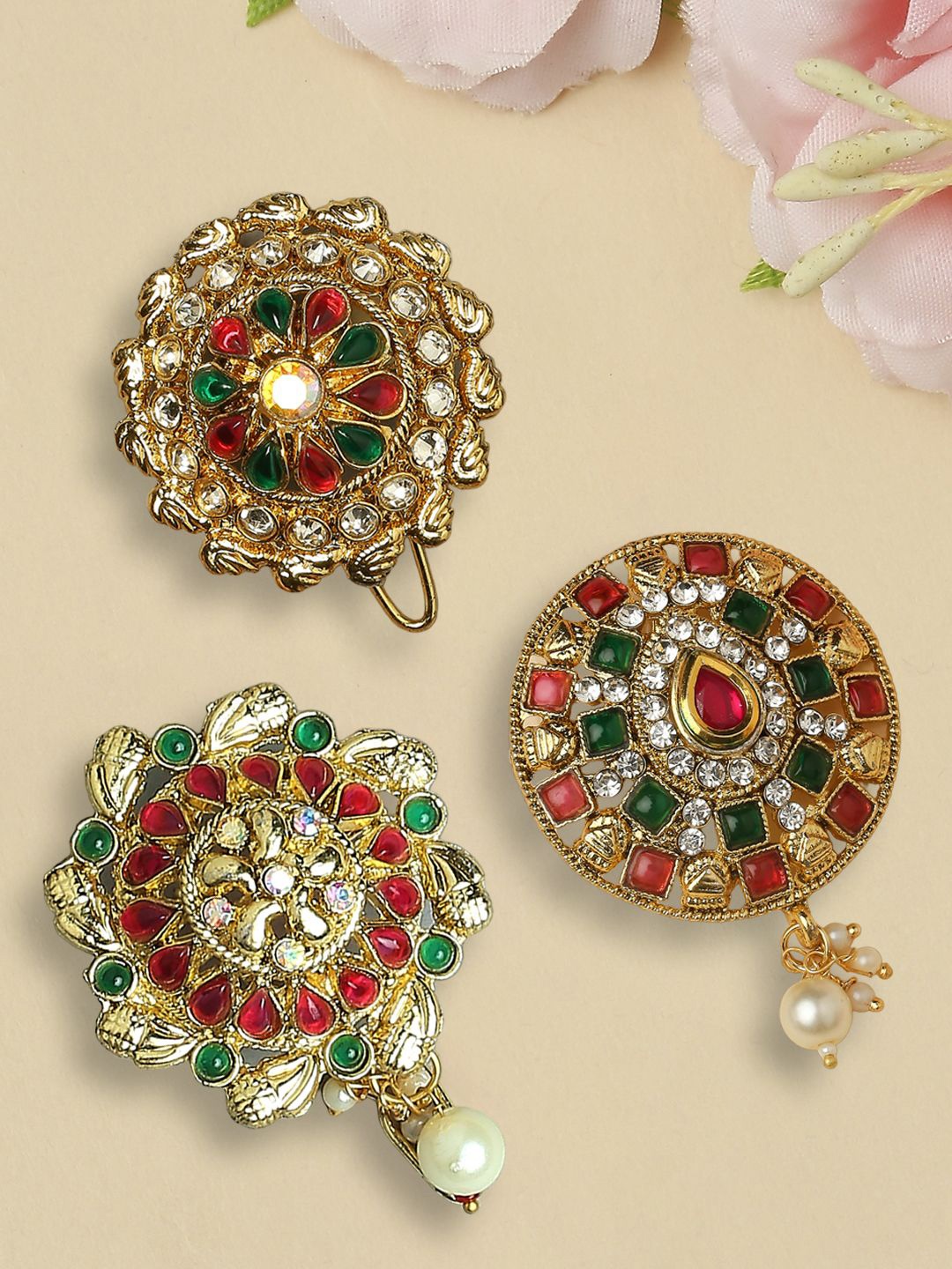 

Anouk Set Of 3 Artificial Stones and Beads Beaded Bun Pins, Gold