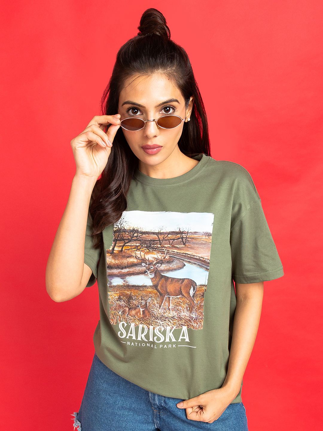 

The Roadster Lifestyle Co Printed Pure Cotton Oversized T-Shirt, Olive