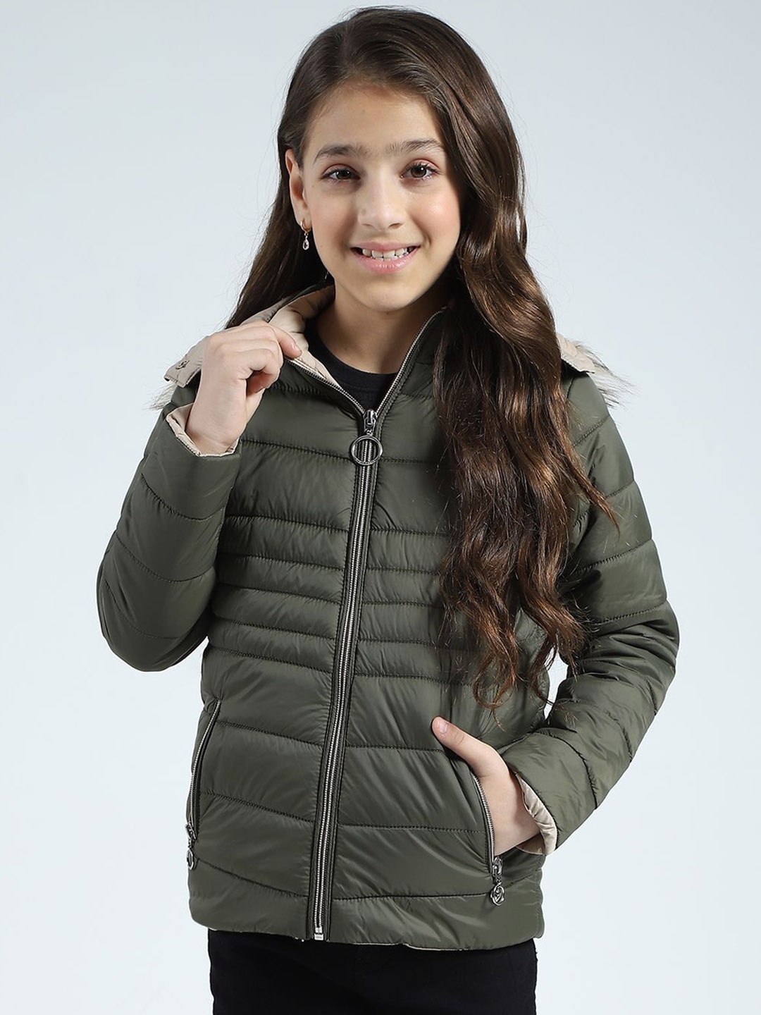 

Monte Carlo Girls Striped Puffer Jacket, Olive
