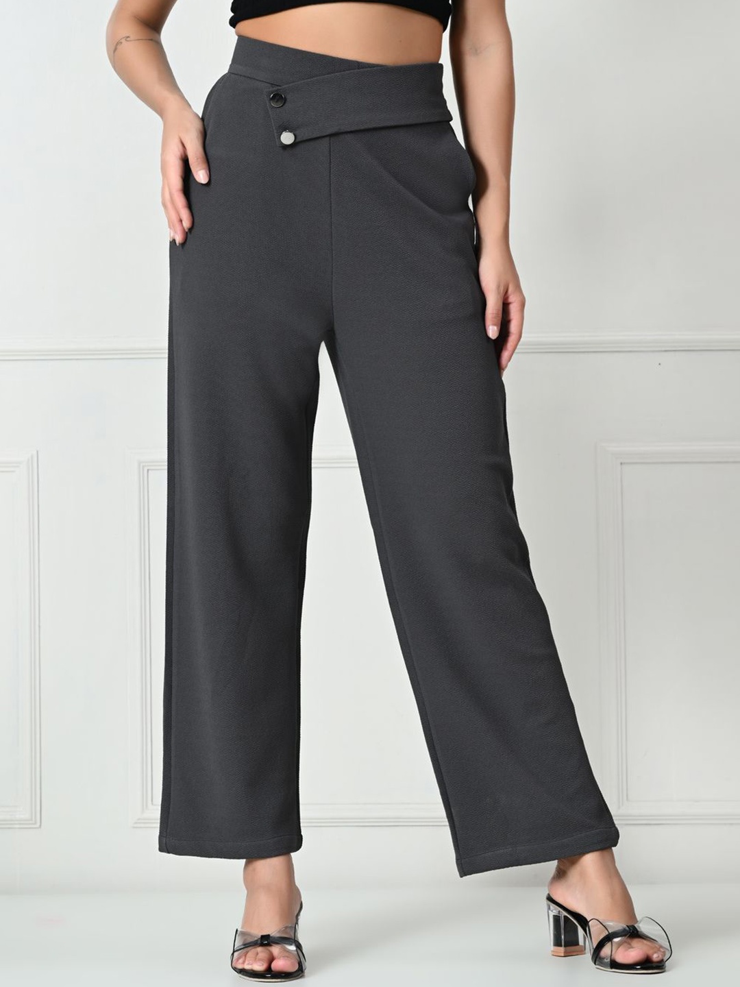 

Brainbees Women Relaxed Mid-Rise Wide Leg Trousers, Grey