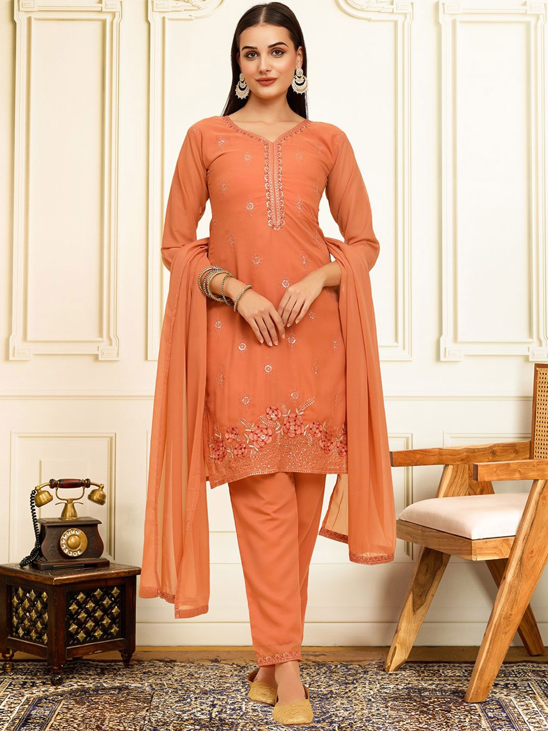 

House of Pataudi Floral Embroidered V-Neck Thread Work Kurta With Trousers & Dupatta, Orange