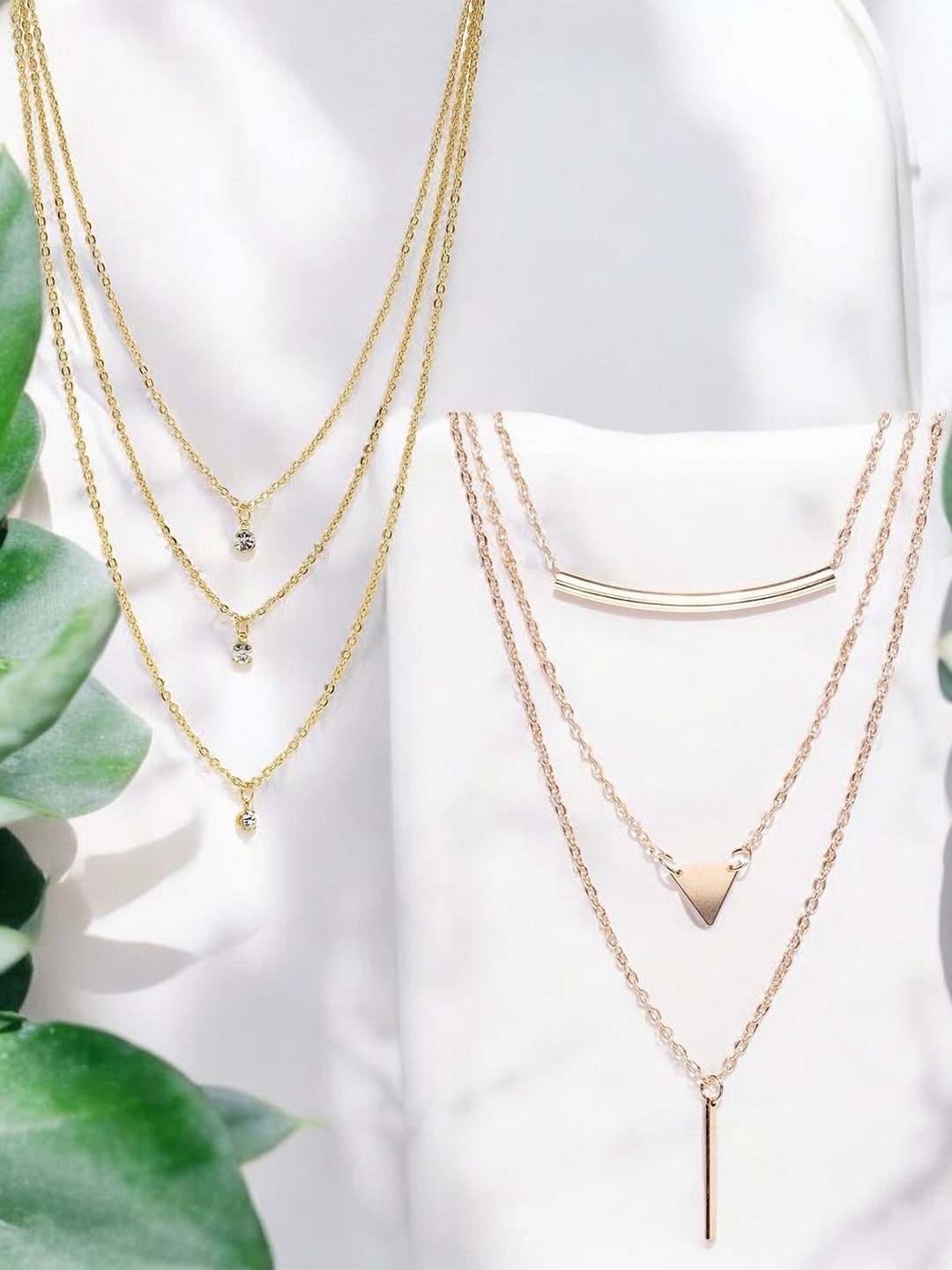 

DressBerry Set Of 2 Crystals Studded Multi Layered Charm Statement Necklace, Gold