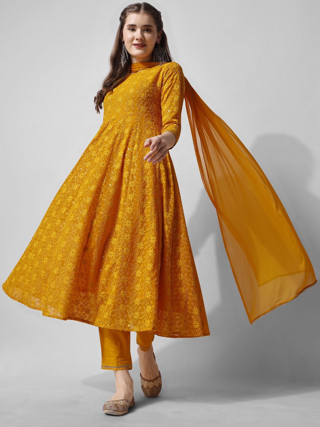 

Berrylicious Floral Embroidered Georgette Anarkali Kurta With Trousers & Dupatta, Mustard