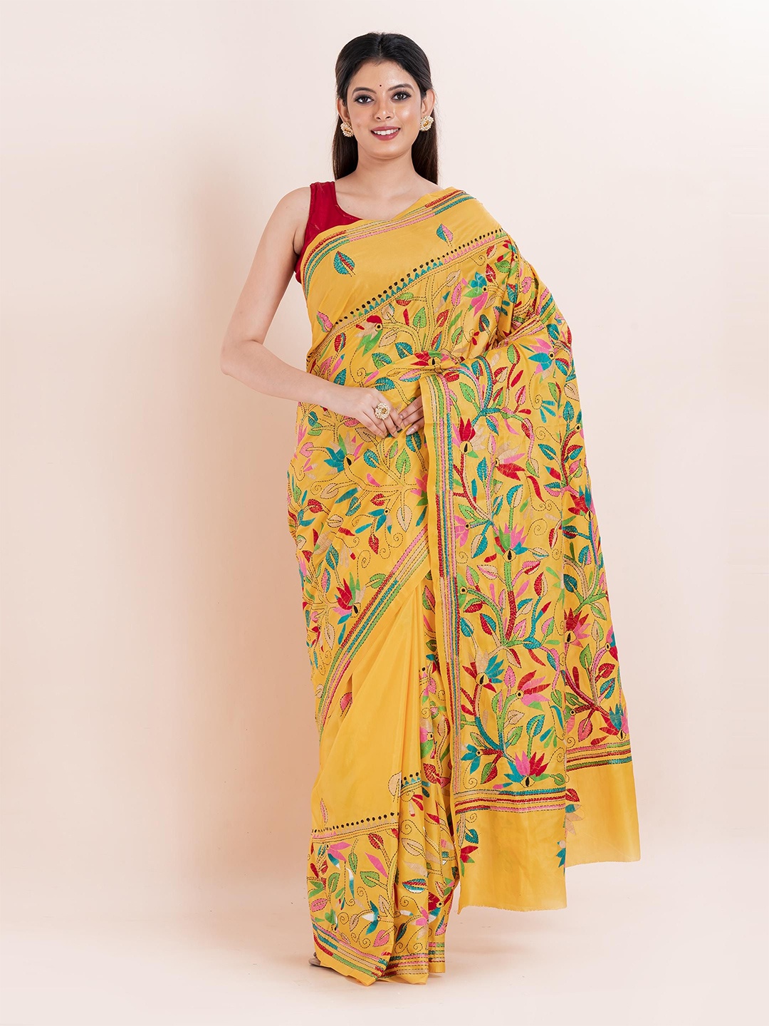 

PUKU Ethnic Motifs Embroidered Kantha Work Saree, Yellow