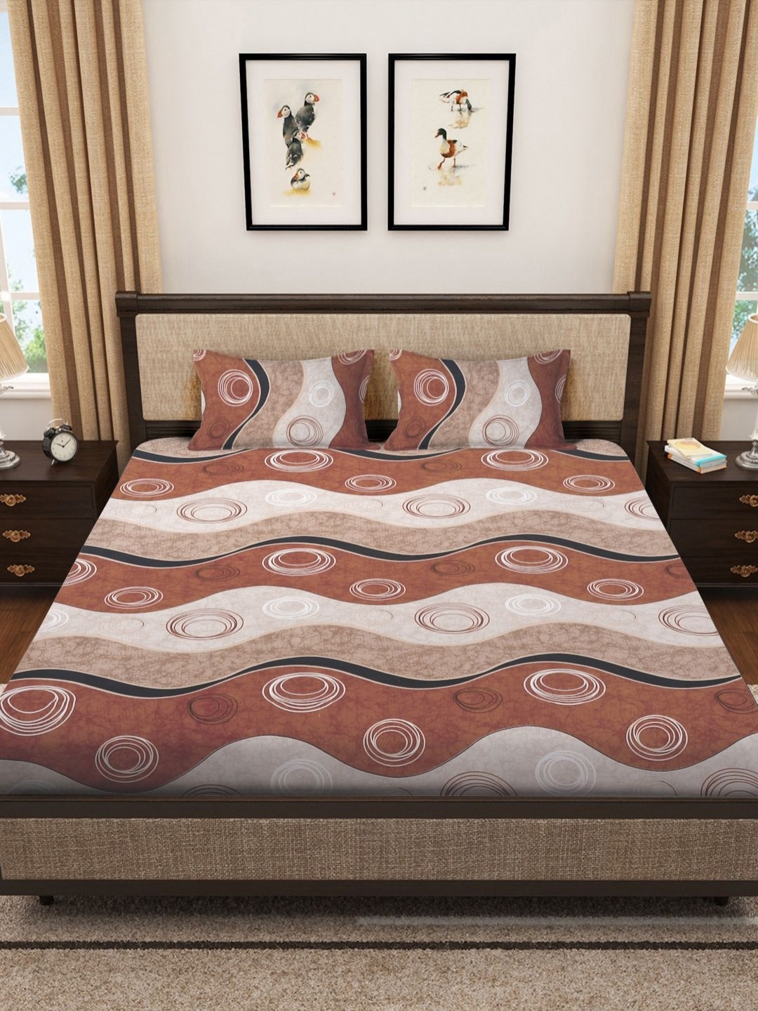 

Myntra Elegant Homes White & Brown Printed Fitted 300 TC King Bedsheet Set 2.50m x 2.25m