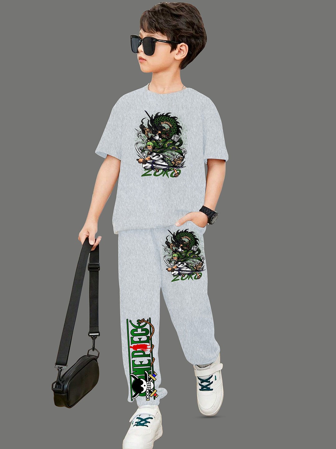 

MODARUE Boys Anime Printed Round Neck T-shirt With Joggers, Grey