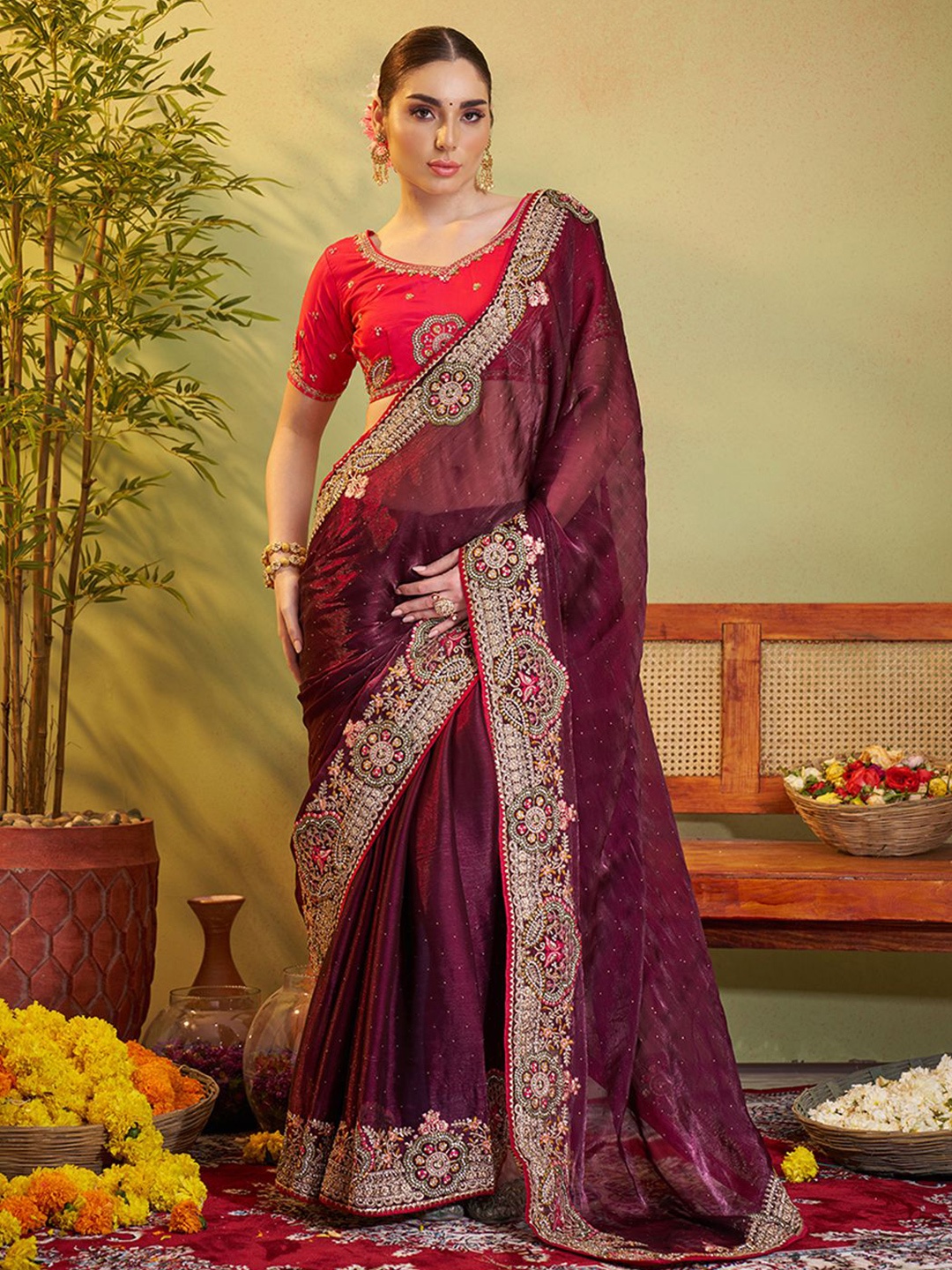 

Kalista Floral Embroidered Heavy Work Saree With Unstitched Blouse Piece, Purple