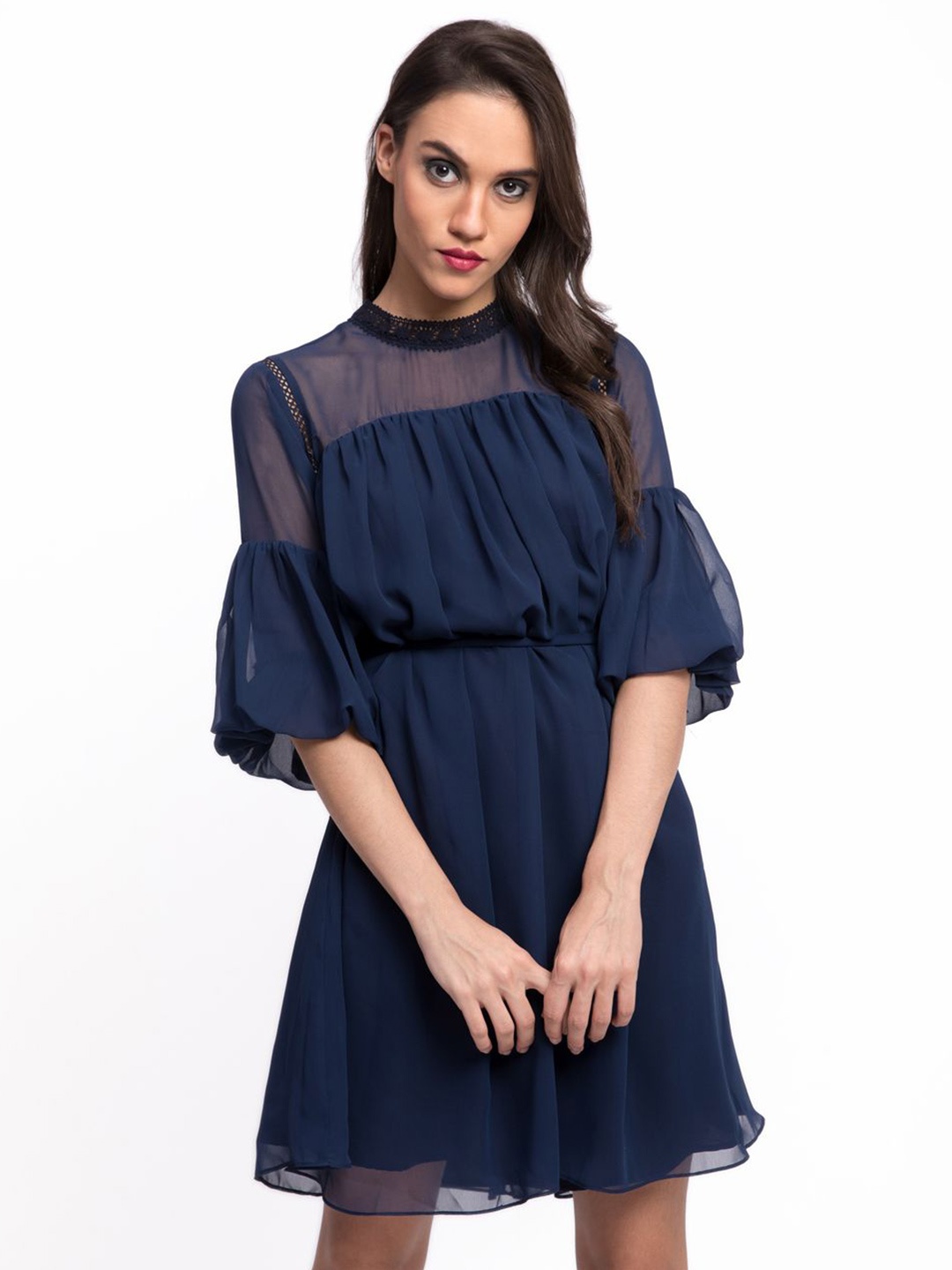 

The Sancy Bell Sleeve Georgette Fit & Flare Dress, Navy blue
