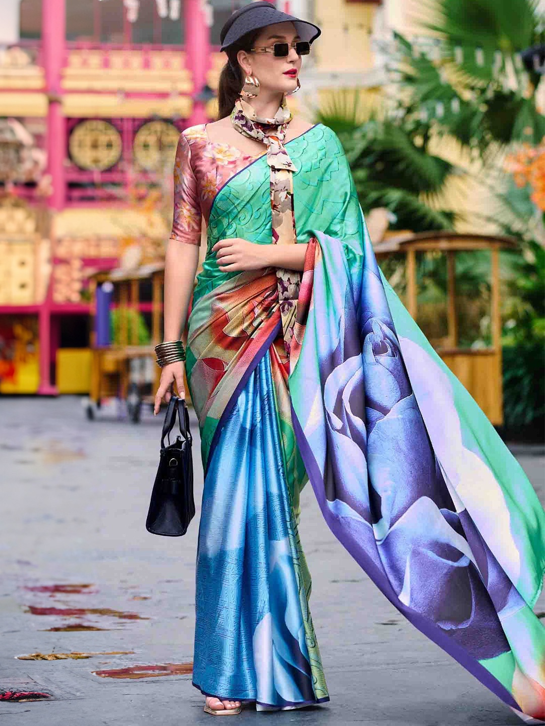 

Mitera Floral Printed Satin Saree, Blue
