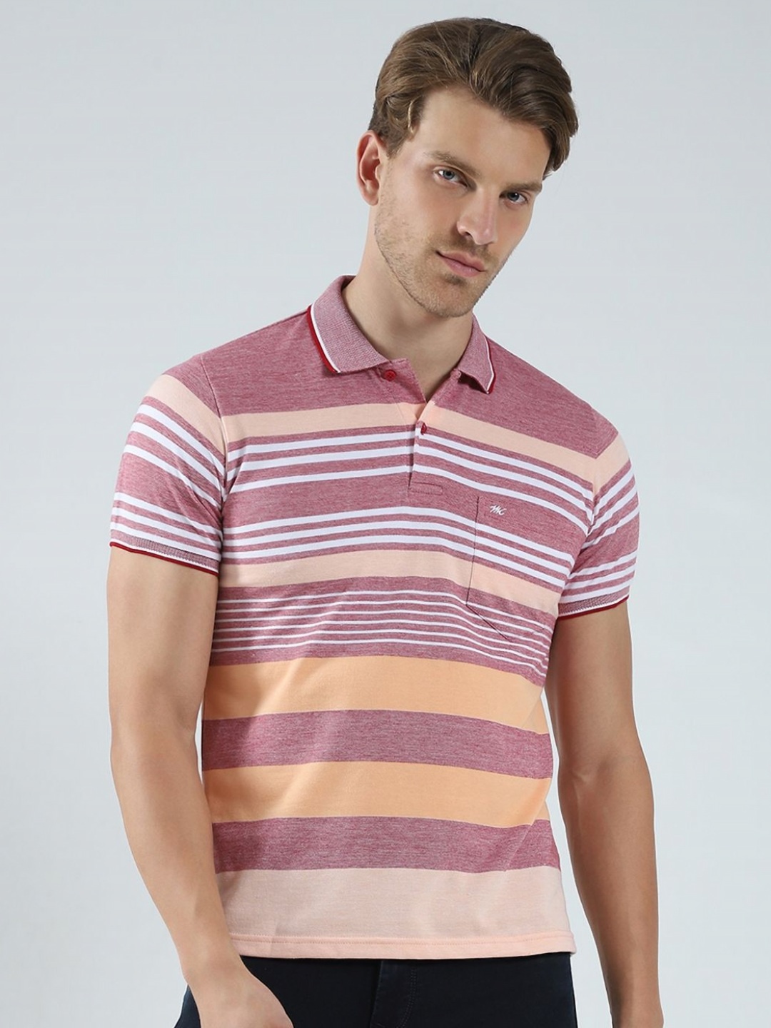 

Monte Carlo Men Striped Polo Collar Pockets T-shirt, Maroon