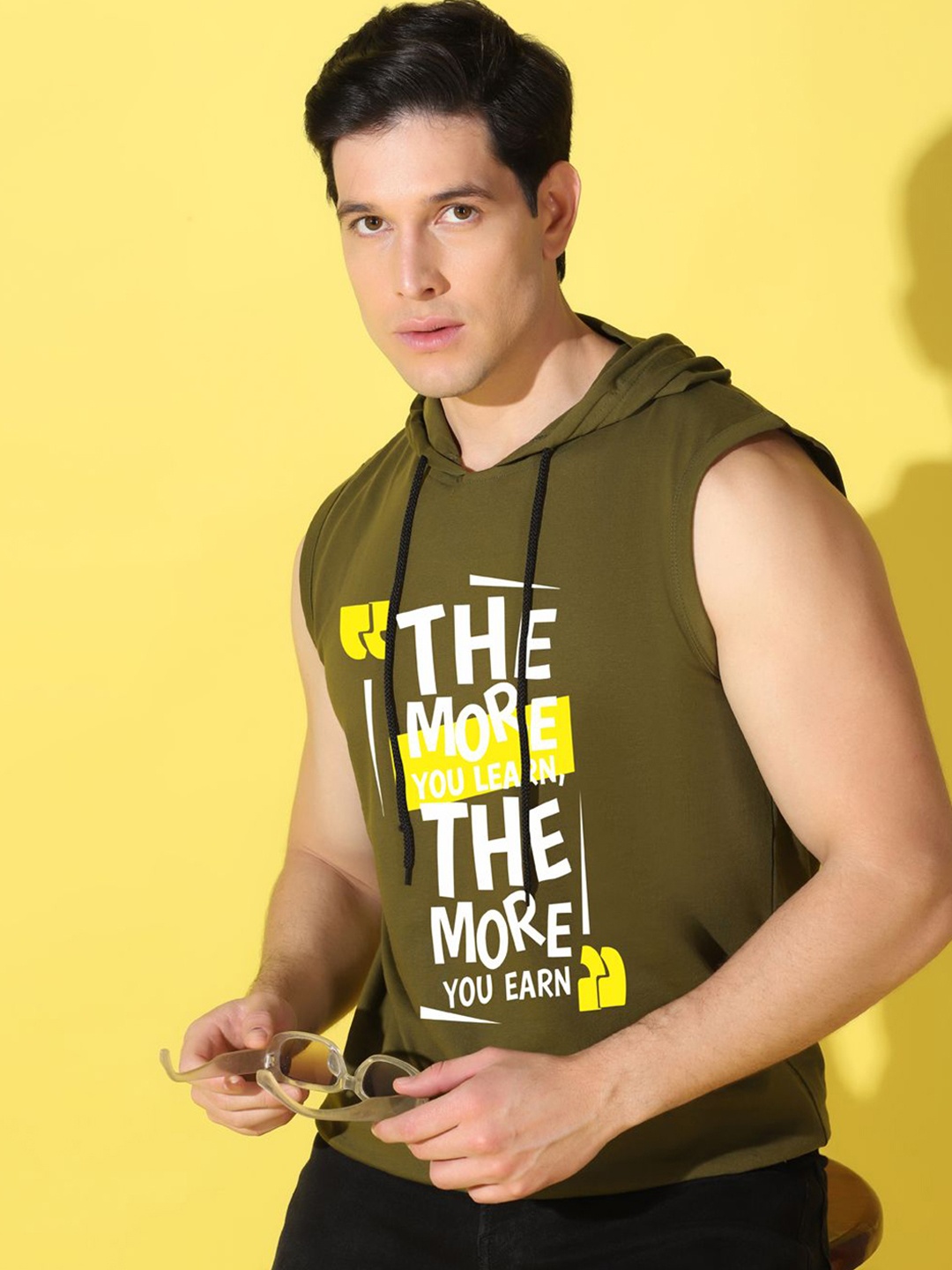 

WOOSTRO Men Typography Printed Hooded Cotton T-shirt, Olive
