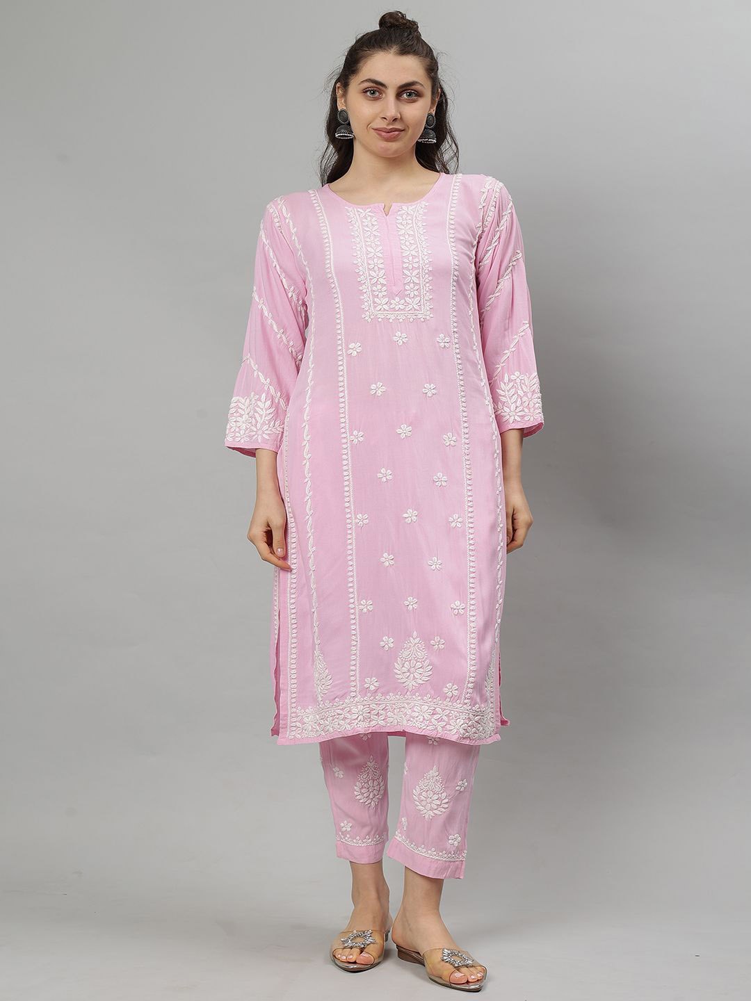

Seva Chikan Floral Embroidered Notch Neck Chikankari Straight Kurta With Trouser, Pink