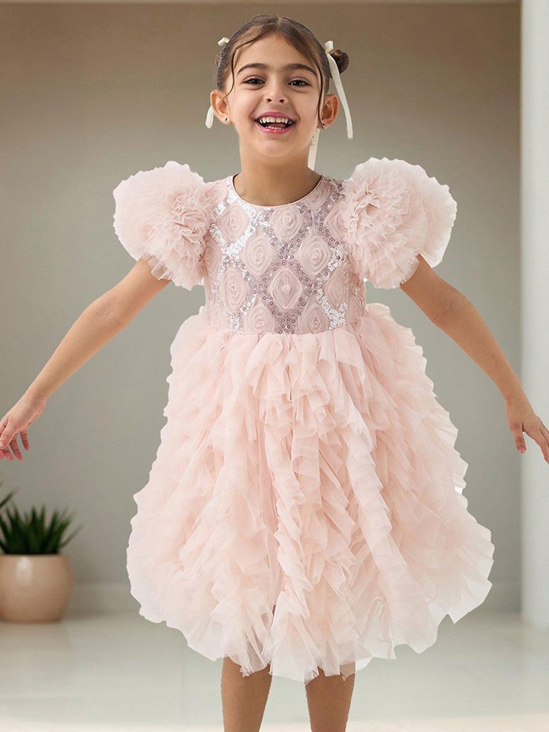 

Juniors by Babyshop Girls Embellished Ruffles Fit and Flare Knee Length Dress, Pink