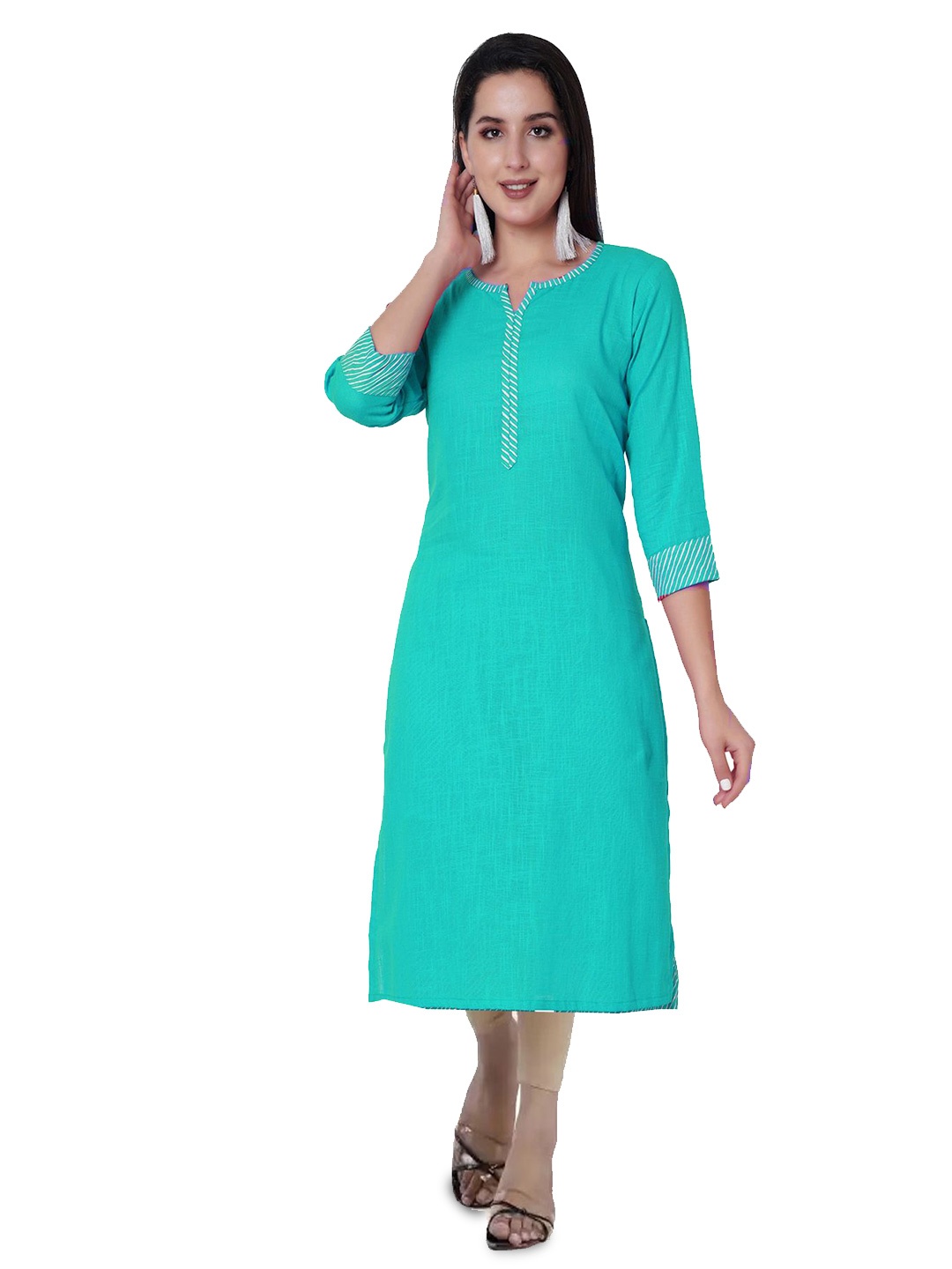 

MK3A Checked Notch Neck Pure Cotton Straight Kurta, Turquoise blue