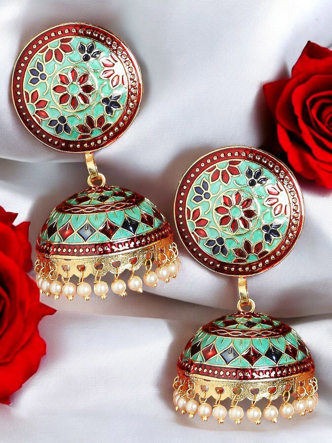 

Anouk Meenakari Artificial Stones Studded And Beaded Dome Shaped Jhumkas, Green