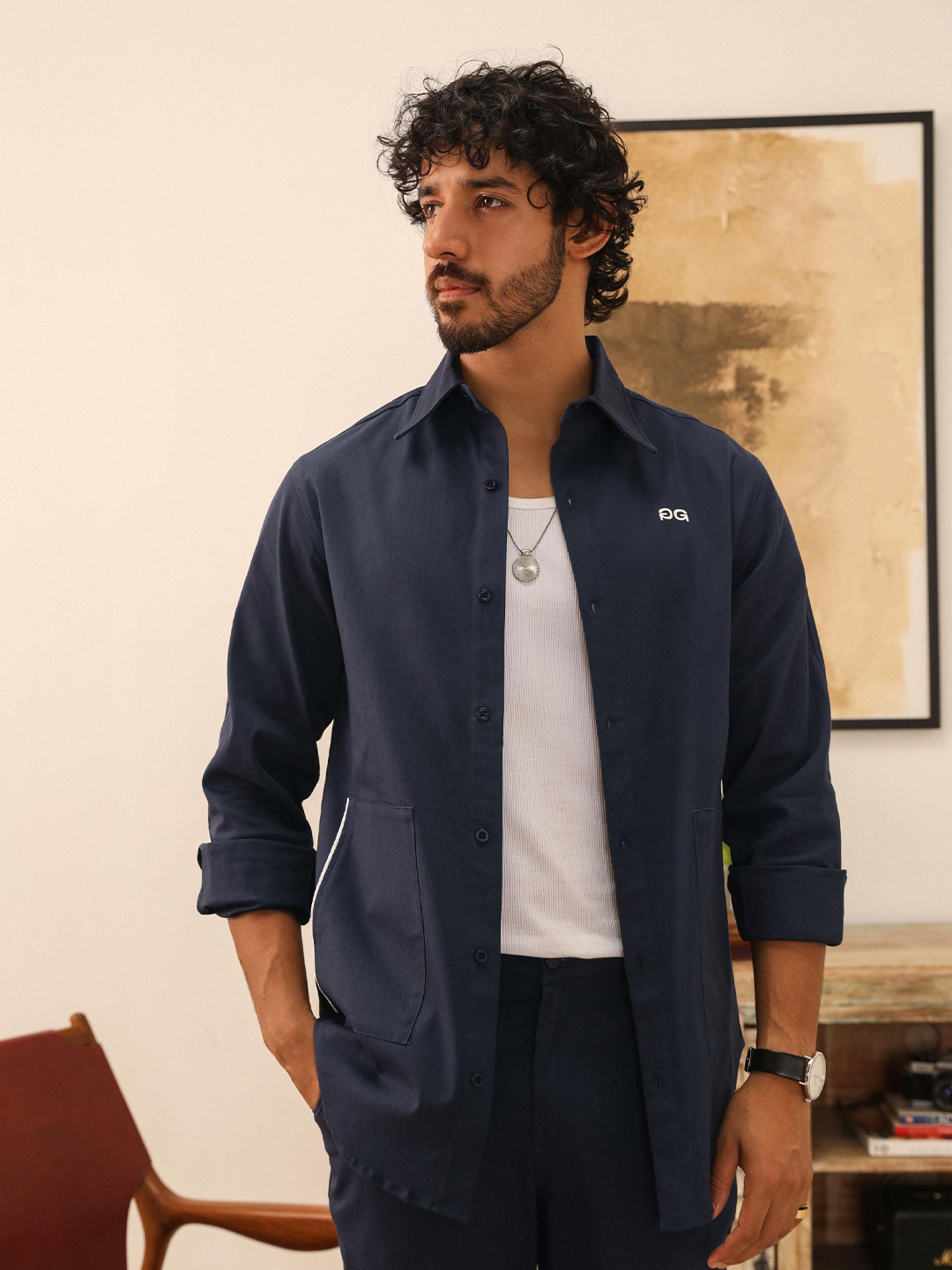 

PRIMAL GRAY Men Solid Cotton Shacket, Navy blue